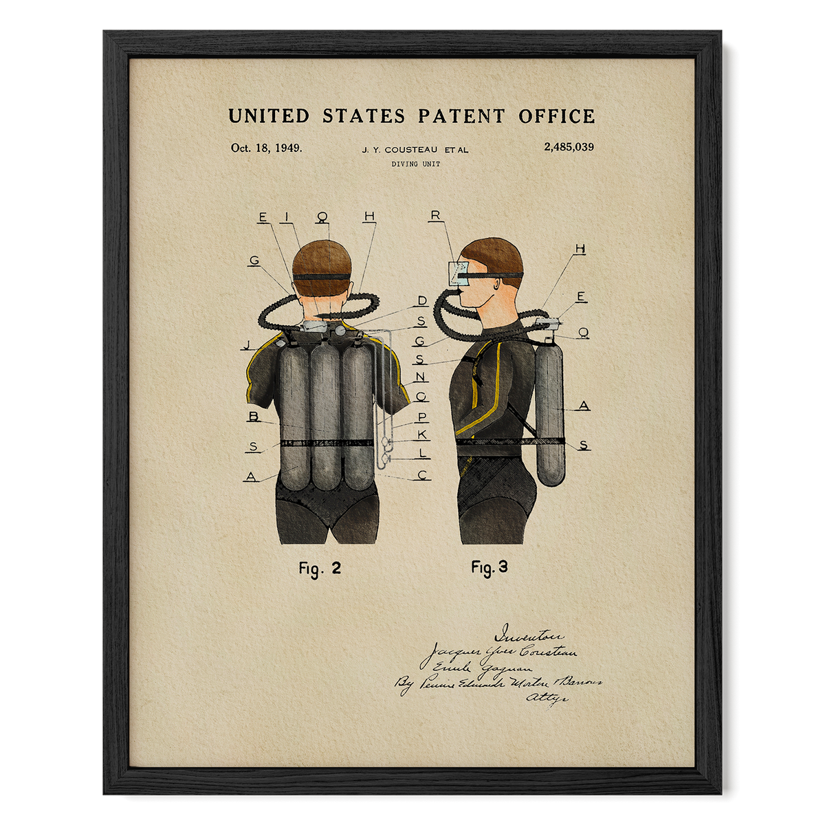 The image is a framed patent drawing depicting a scuba diver's equipment, including a diver's mask, snorkel, and breathing apparatus.