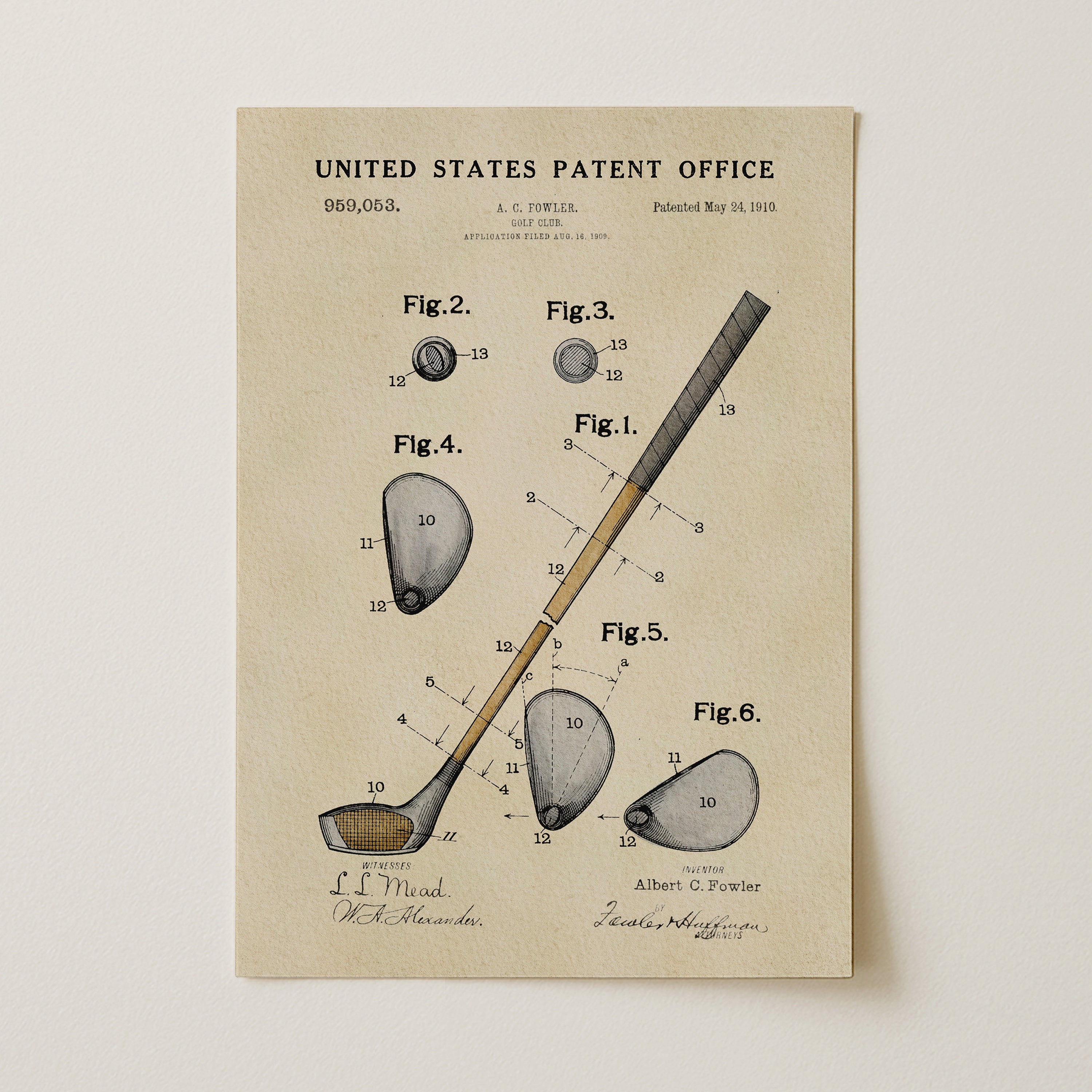 The image is a vintage United States patent office patent drawing depicting a golf club and its components.