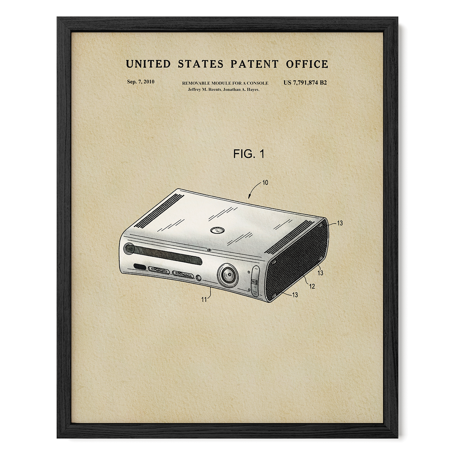 The image is a framed patent drawing of a Nintendo Wii console, depicting the console's design and features.