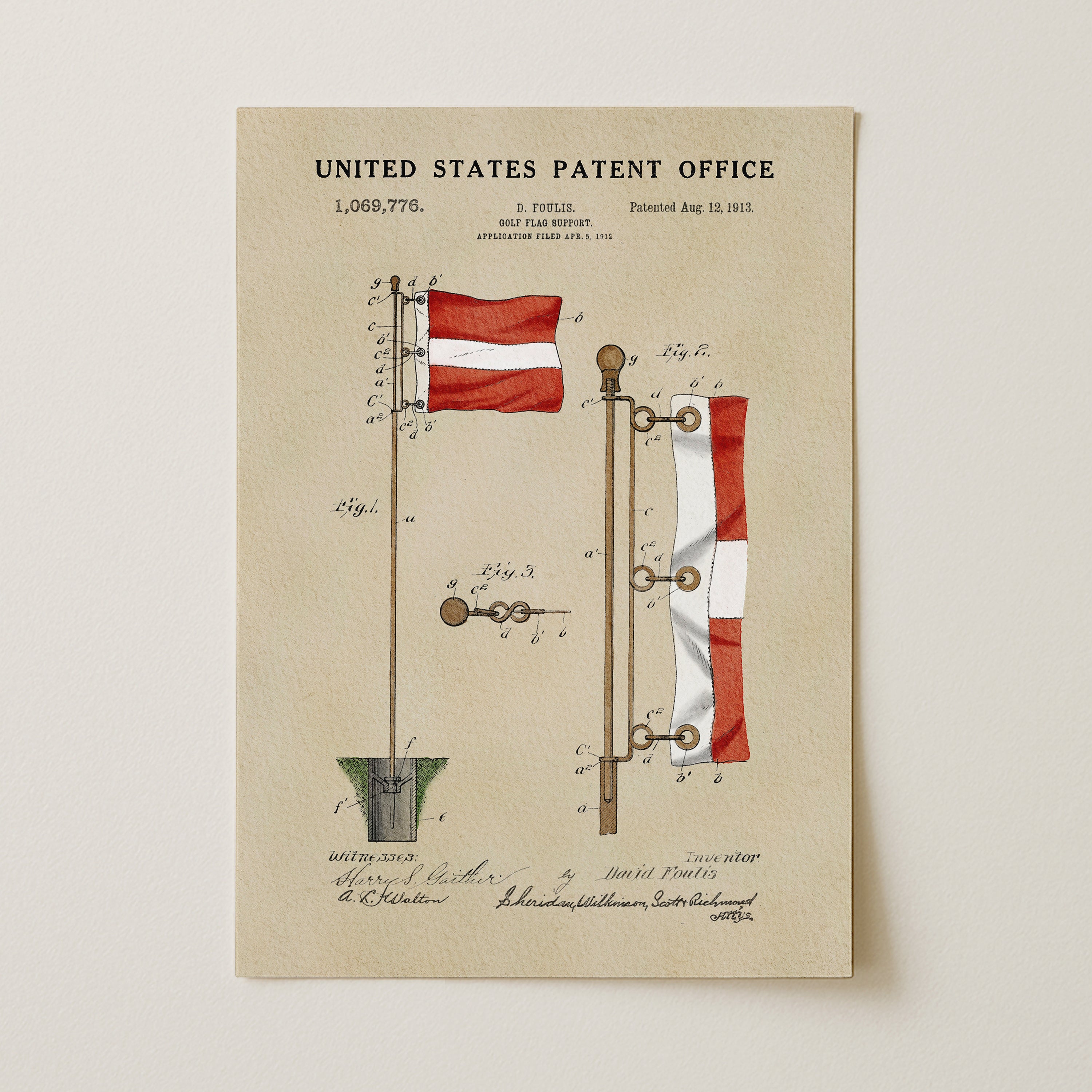 The image is a patent drawing from the United States Patent Office, depicting a flagpole with a flag attached to it.