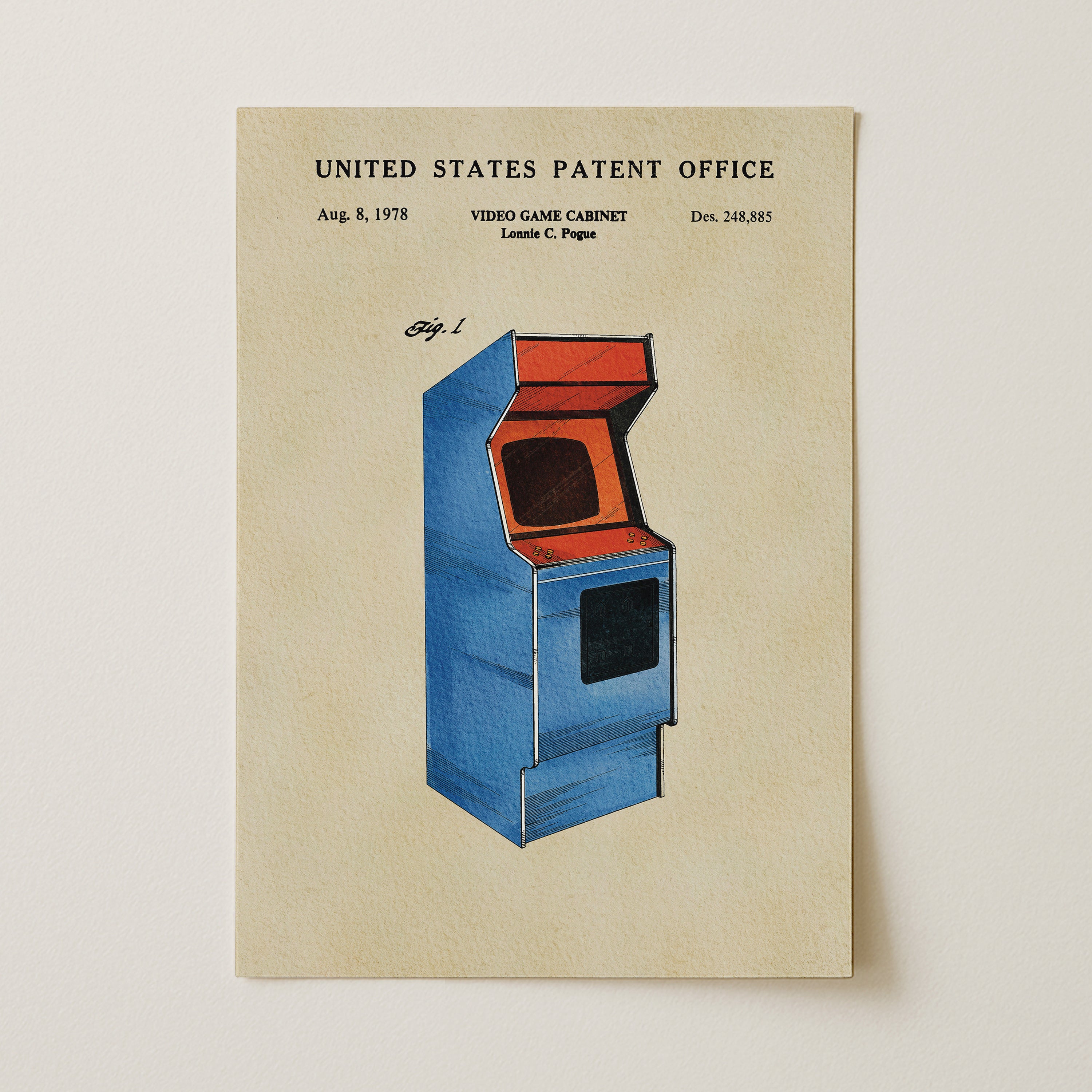 The image is a patent application for a video game cabinet, dated August 8, 1978, and issued by the United States Patent Office.