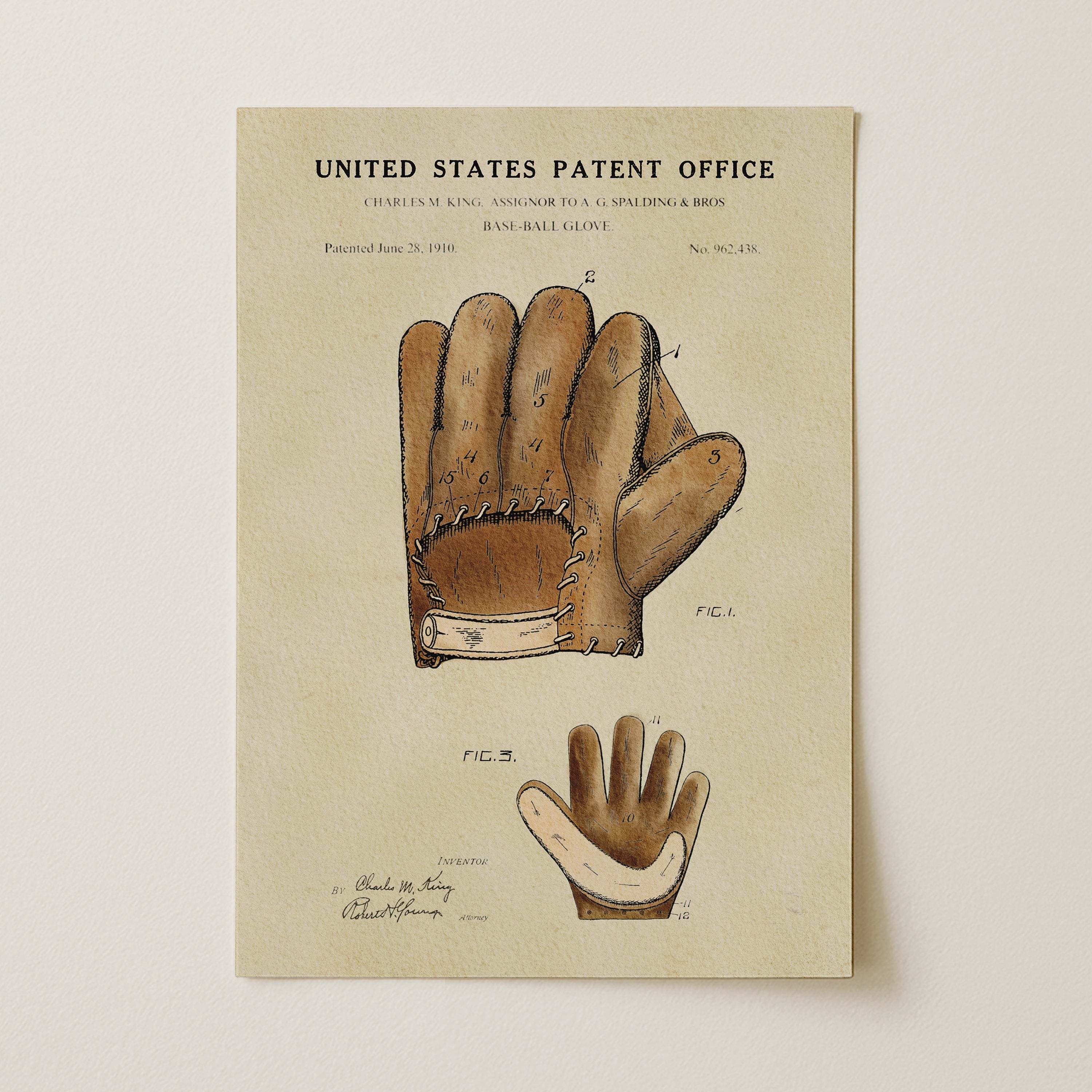 The image is a patent drawing of a baseball glove, depicting the glove in a detailed and technical manner.