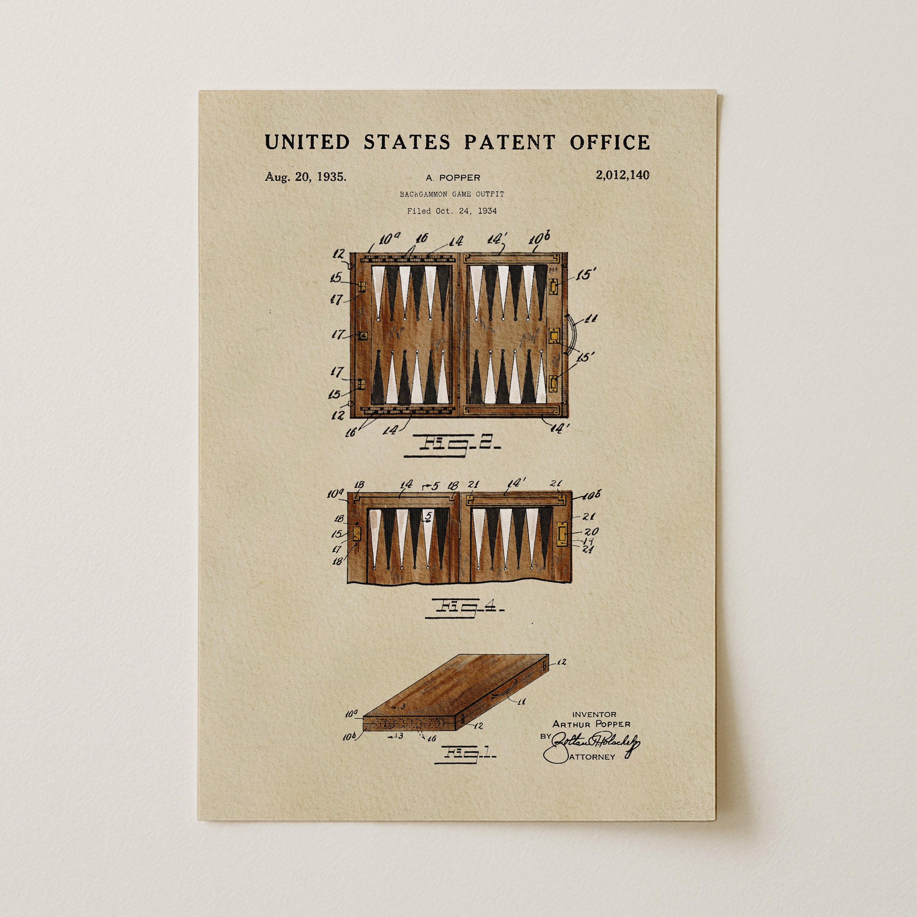 The image is a patent drawing from the United States Patent Office, depicting a backgammon game with detailed technical drawings and annotations.