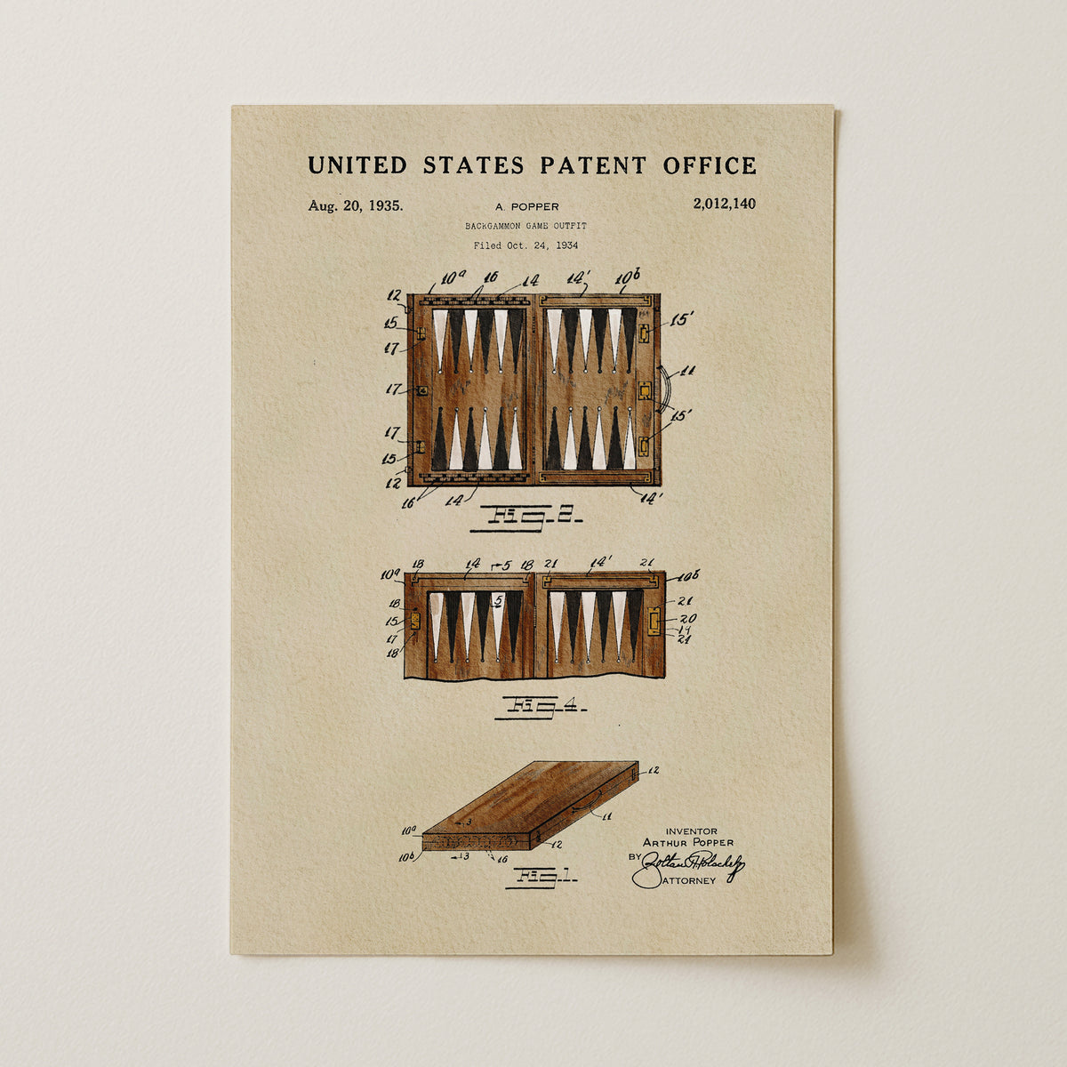 The image is a patent drawing from the United States Patent Office, depicting a backgammon game with detailed technical drawings and annotations.