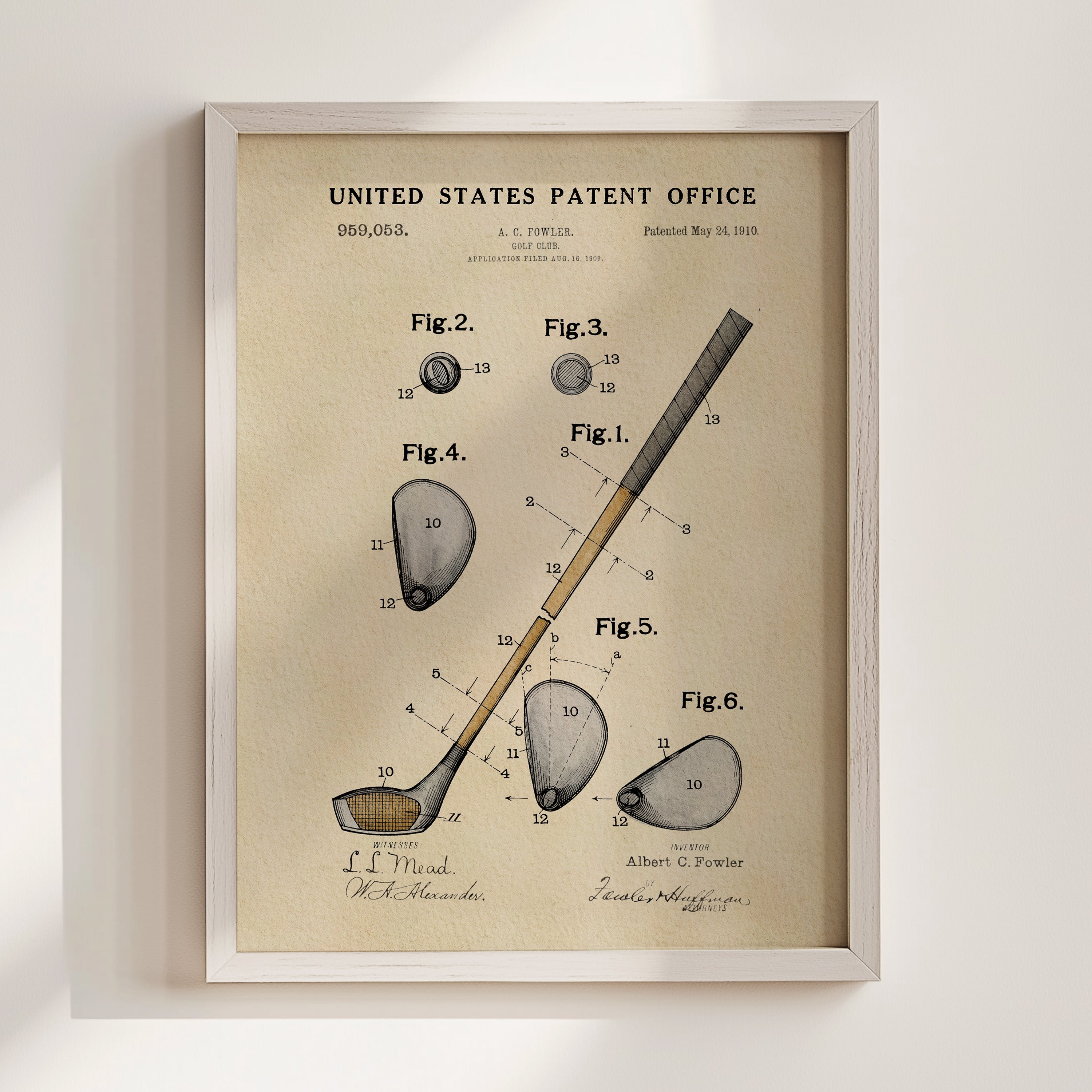 The image is a framed print of a United States patent office patent from 1910, depicting a golf club and its components.