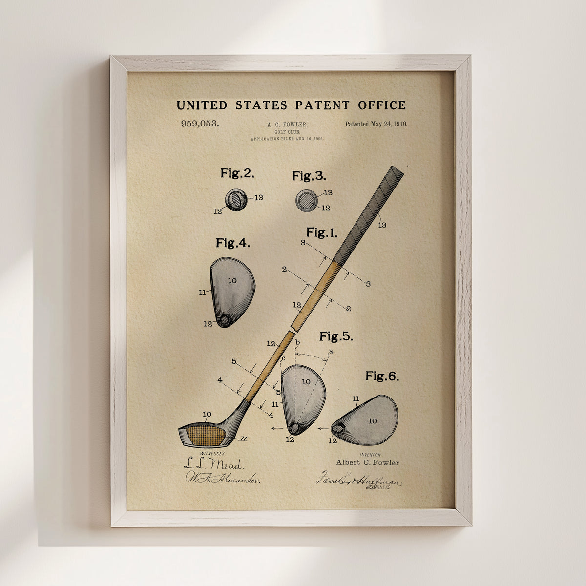 The image is a framed print of a United States patent office patent from 1910, depicting a golf club and its components.