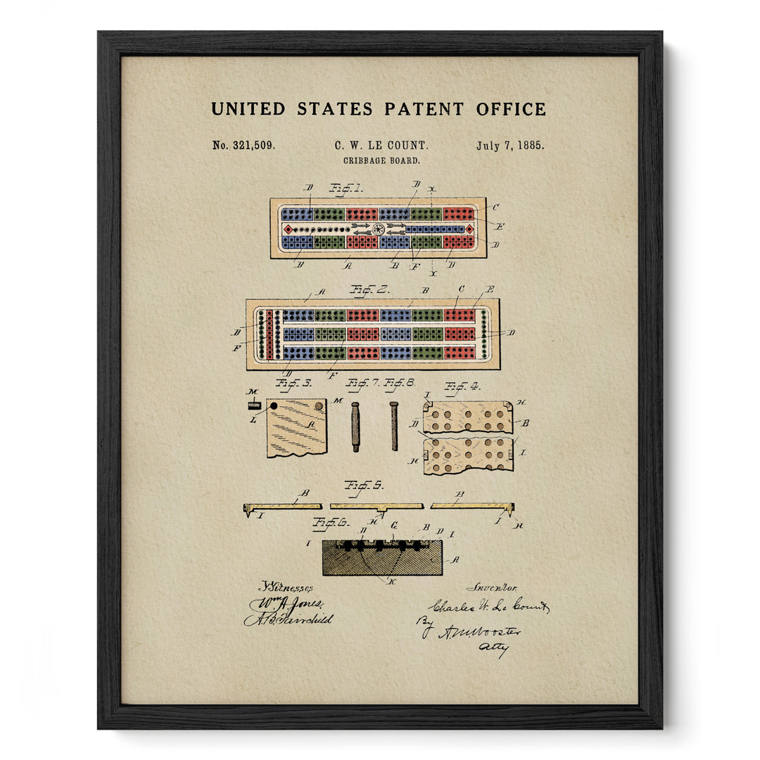 The image is a framed print of a United States patent office patent from July 1885, depicting a checkerboard with various components and tools.