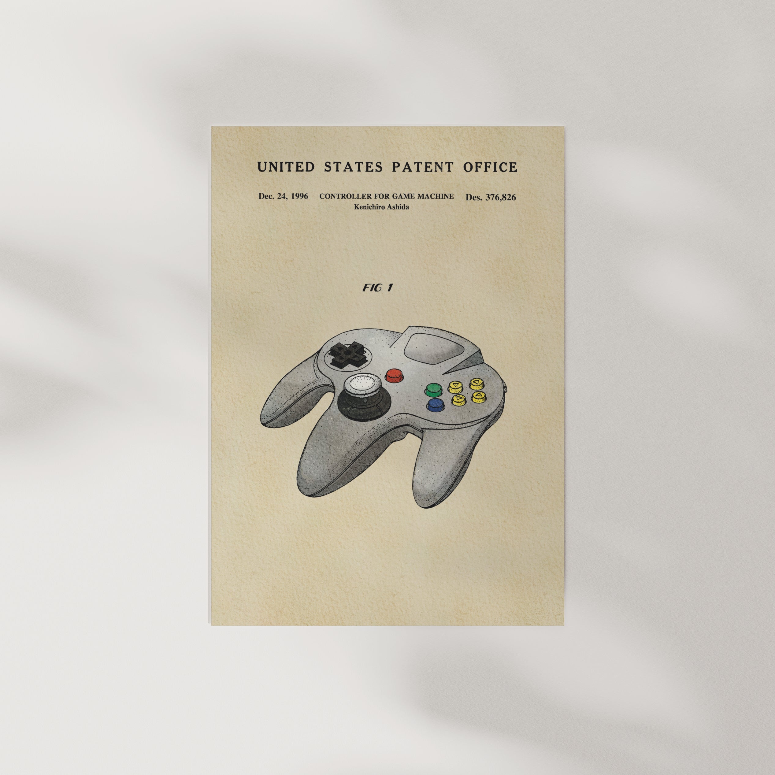 The image is a printed page from the United States Patent Office, featuring an illustration of a Nintendo 64 controller.