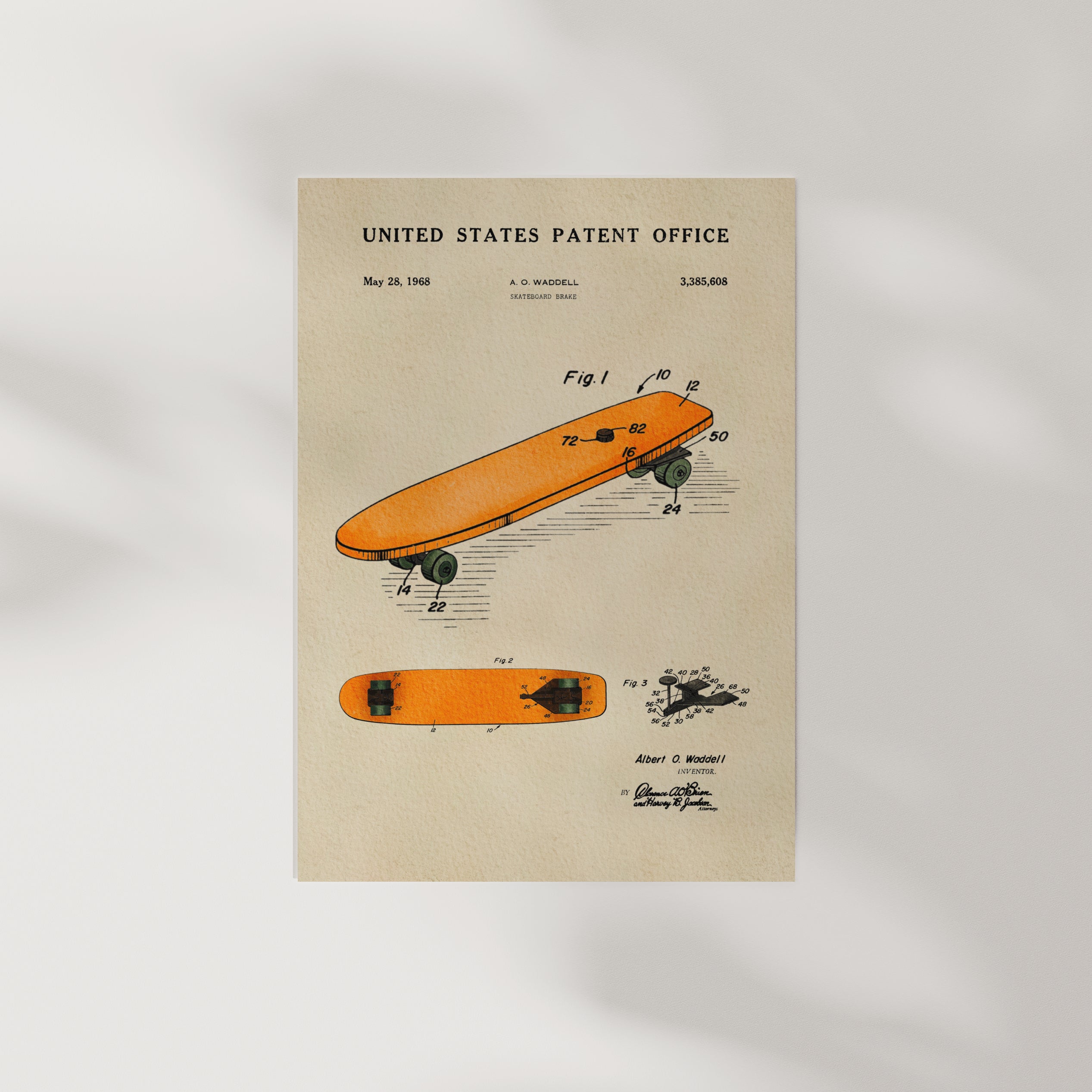 The image is a patent drawing of a skateboard from the United States Patent Office, dated May 28, 1968.