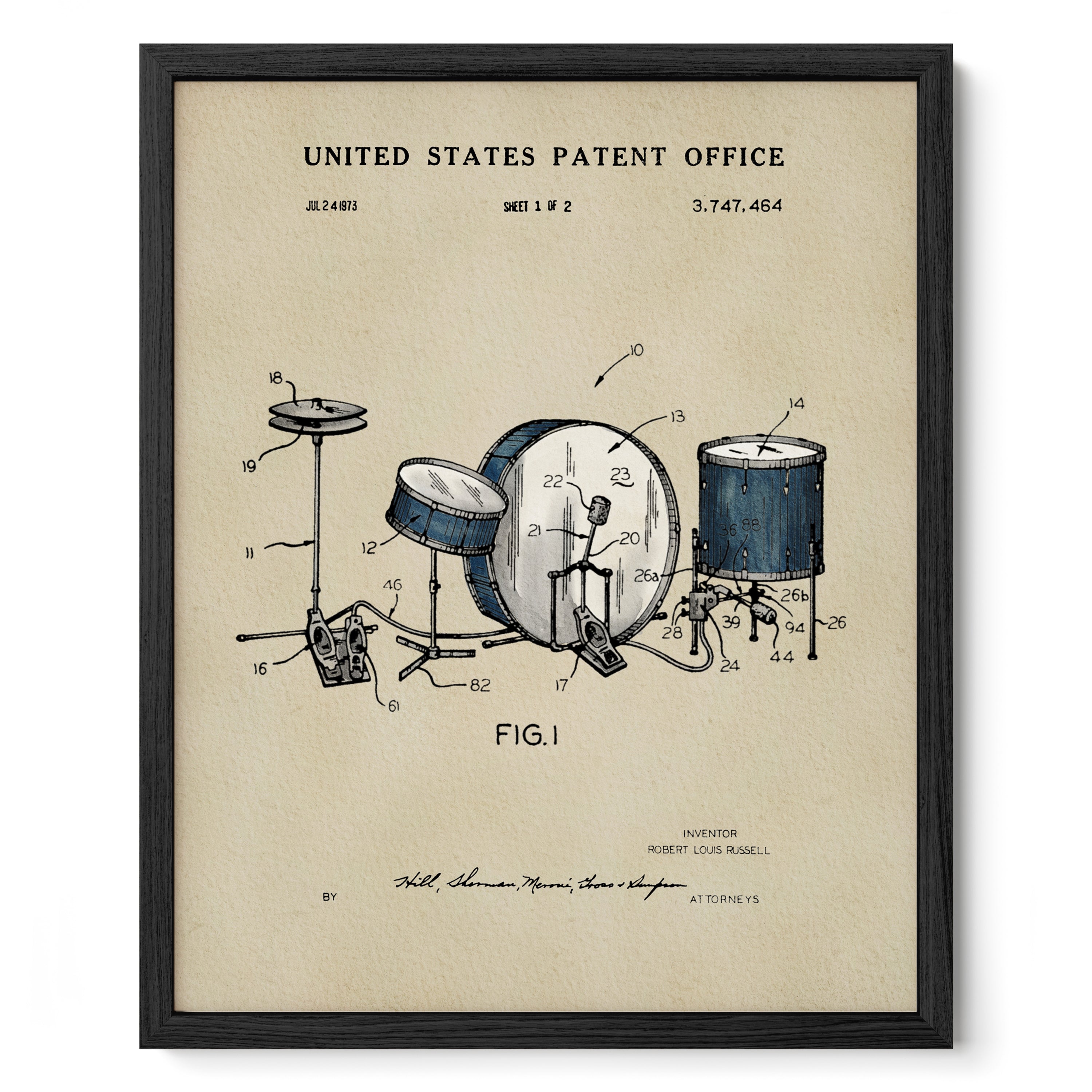 The image is a framed patent drawing depicting a drum set, including a bass drum, snare drum, and cymbals.