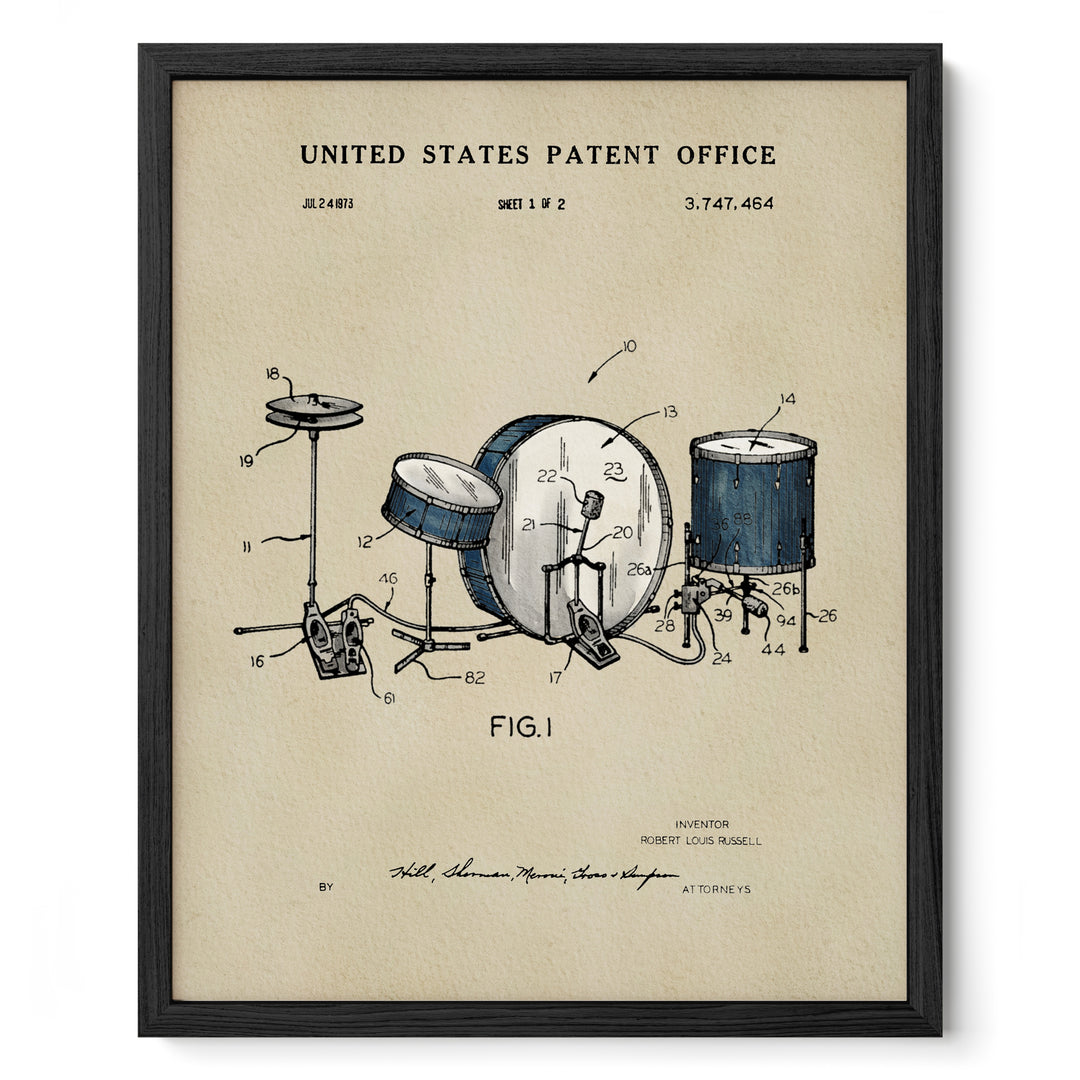 The image is a framed patent drawing depicting a drum set, including a bass drum, snare drum, and cymbals.