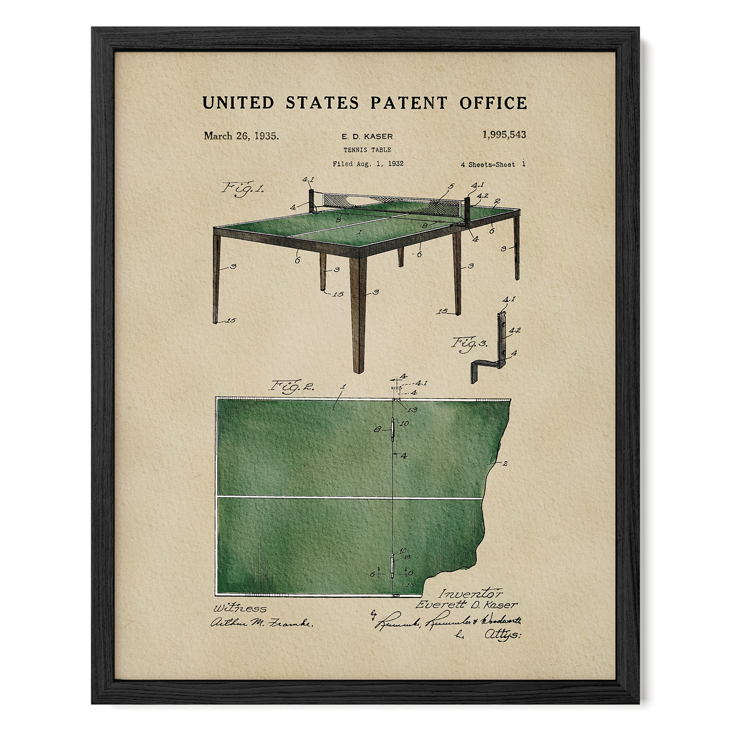 The image is a framed patent drawing of a table tennis table, depicting the design and features of the table.