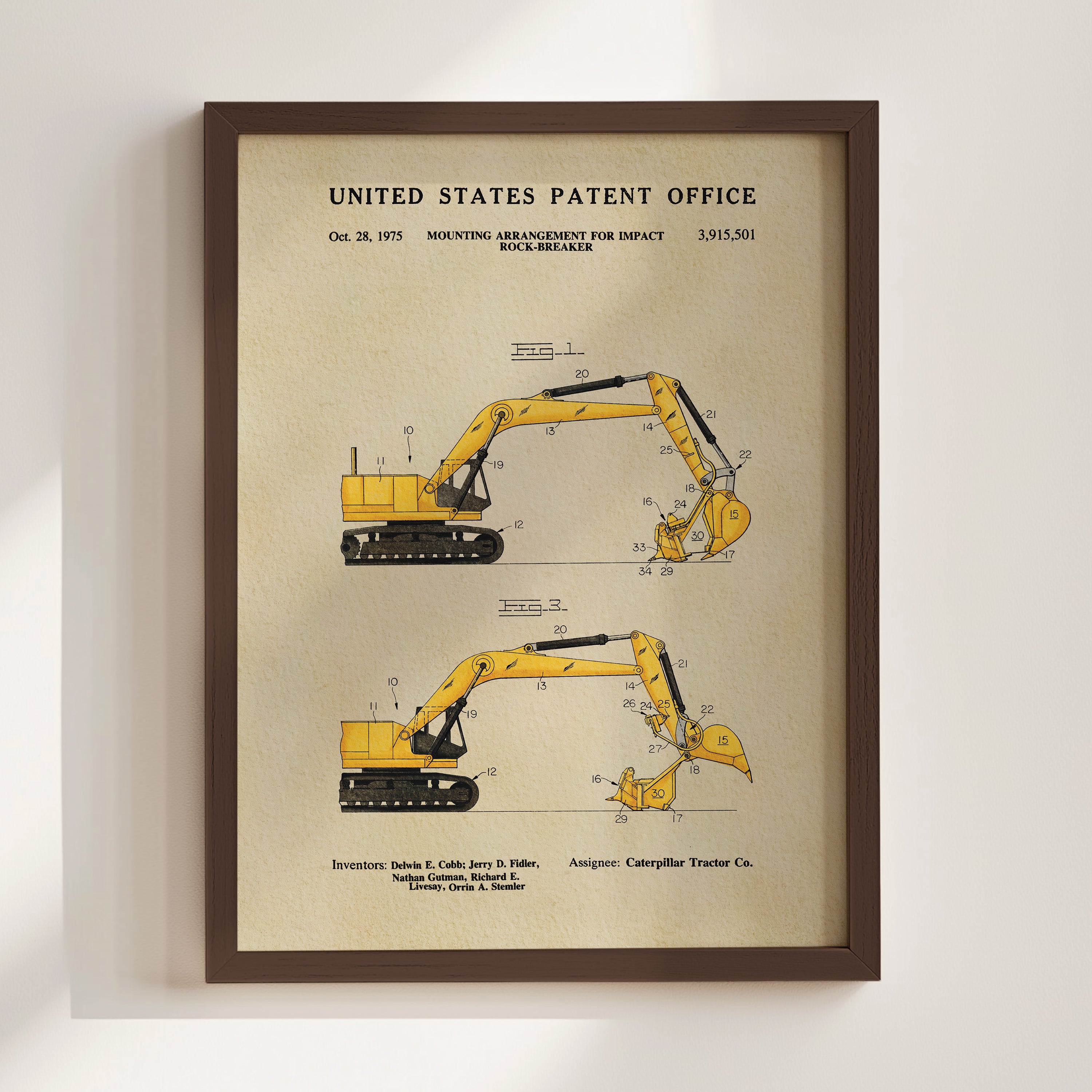 The image is a framed patent drawing of a yellow excavator, depicting its design and features.