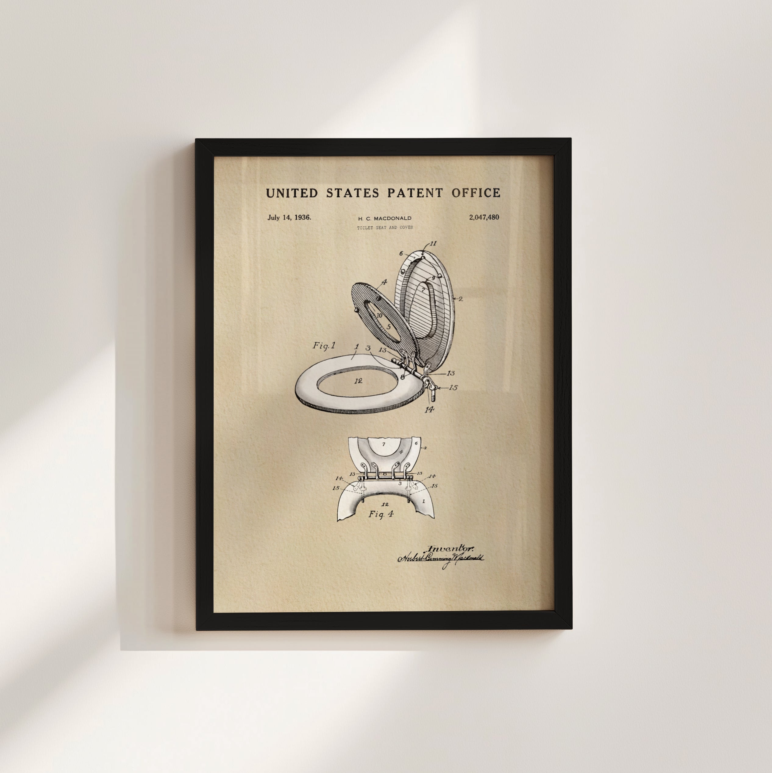 The image is a framed patent drawing of a toilet from the United States Patent Office, dated July 14, 1938.