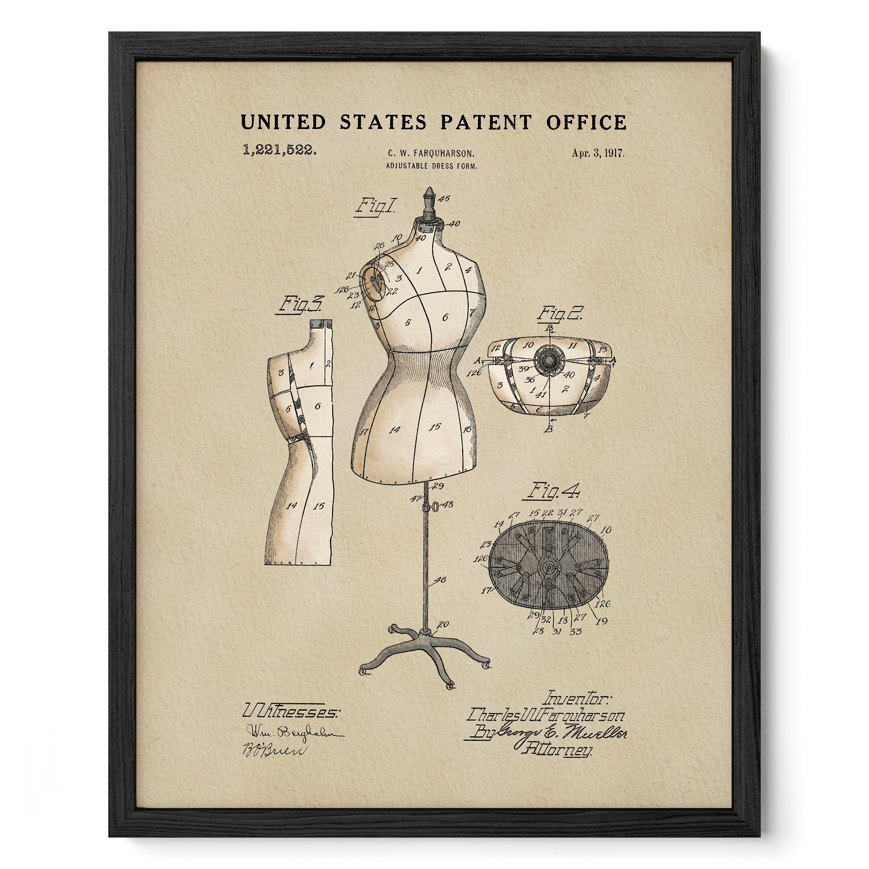 The image is a framed vintage patent drawing depicting a mannequin and various technical drawings related to fashion and clothing.