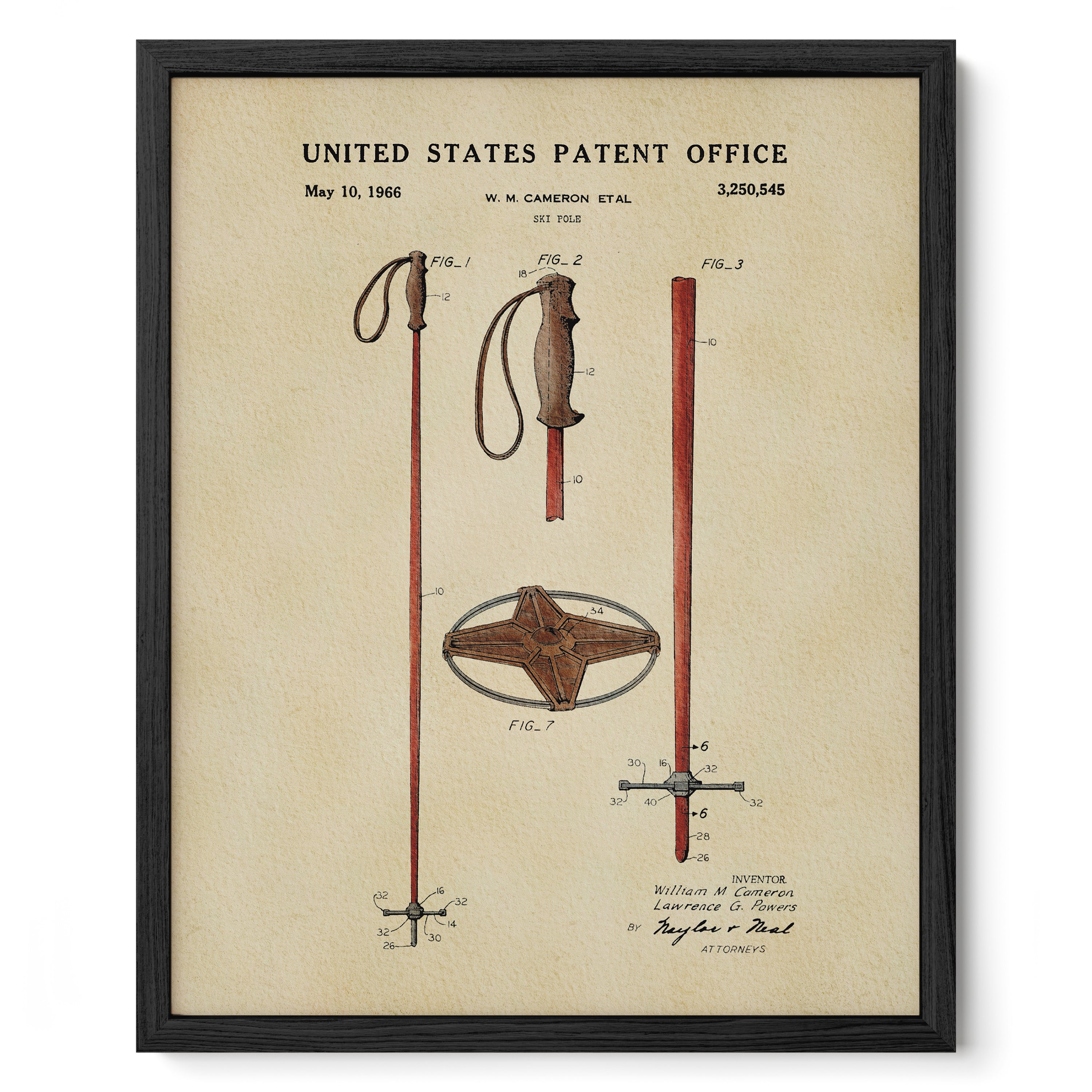 The image is a framed patent drawing depicting a pair of walking poles with a cross-shaped attachment, as well as a cross-shaped attachment.
