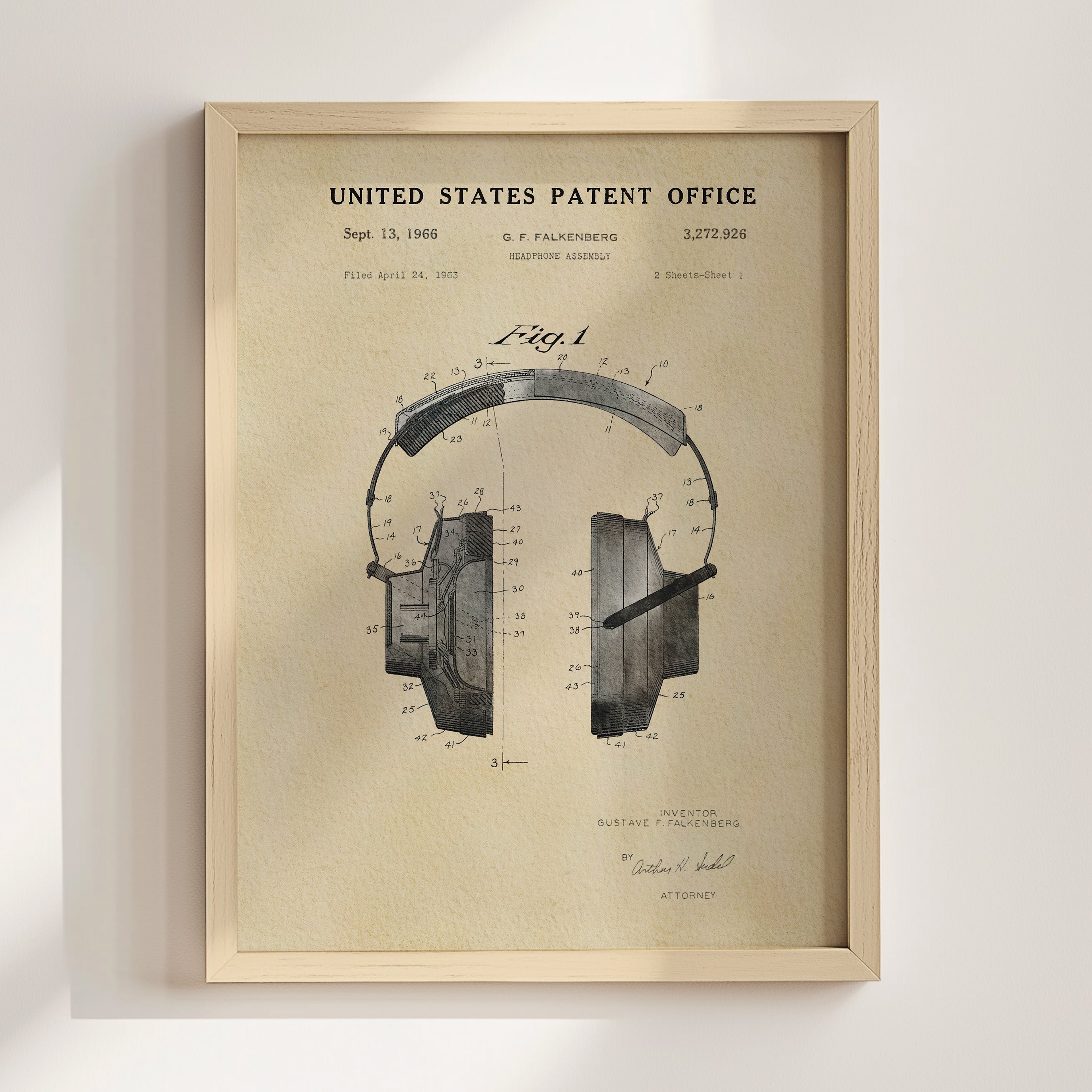 The image is a framed patent drawing of a pair of headphones, depicting the design and features of the headphones.