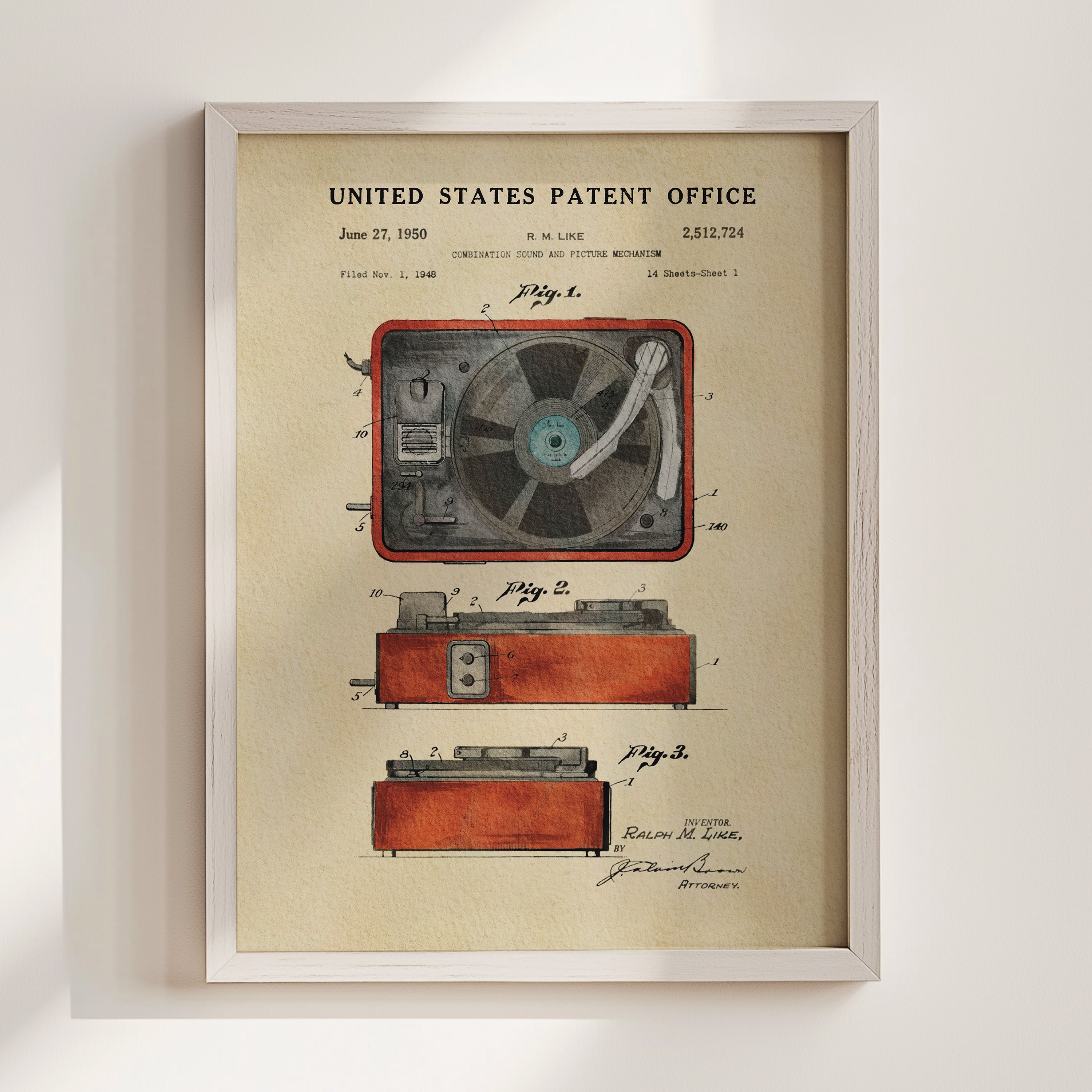 The image is a framed patent drawing depicting a vintage record player, with detailed technical drawings and labels.
