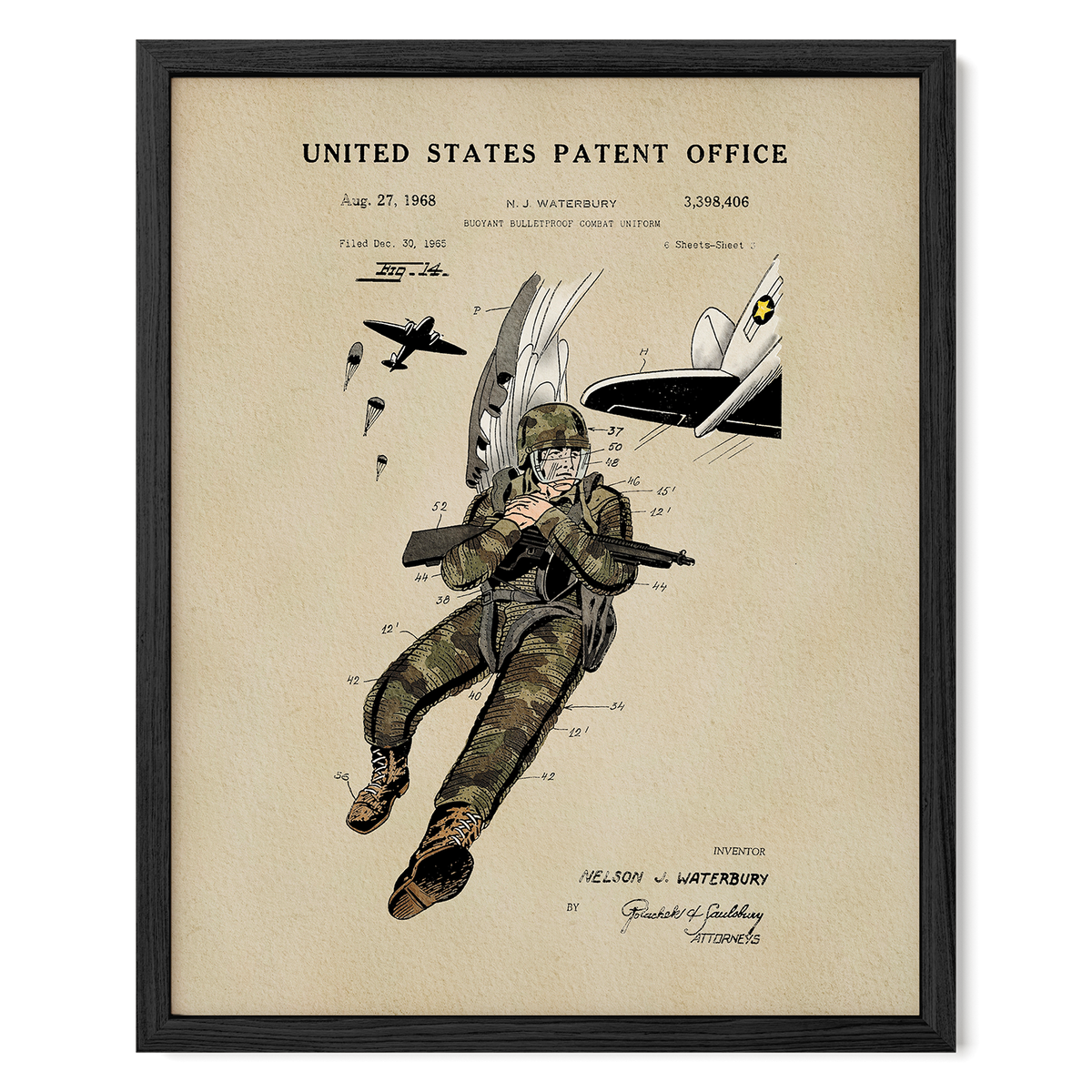 The image is a framed patent drawing depicting a parachutist in military gear, with a military aircraft and parachutes in the background.
