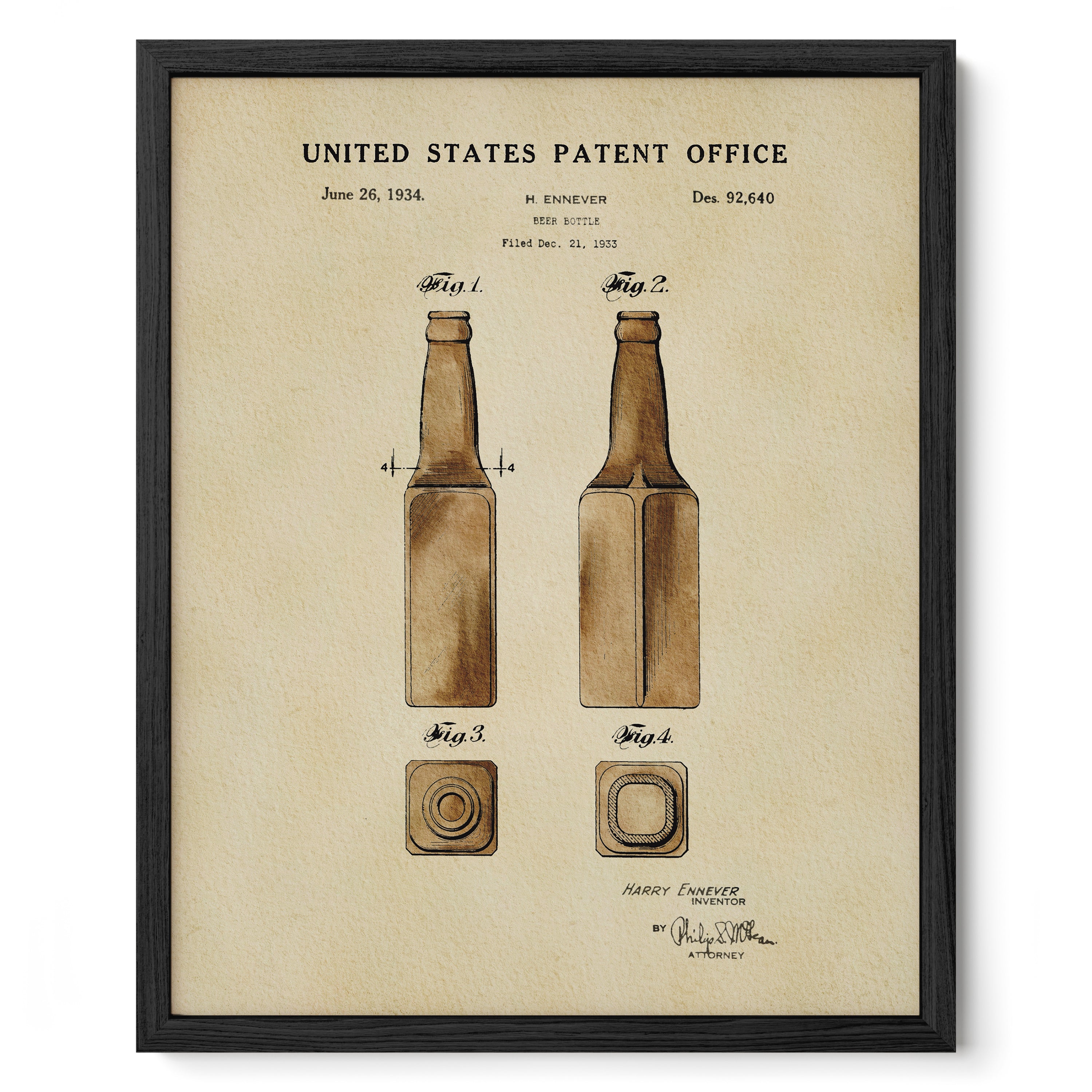 The image is a framed print of a United States patent from June 26, 1934, depicting a bottle with two steps or stages.