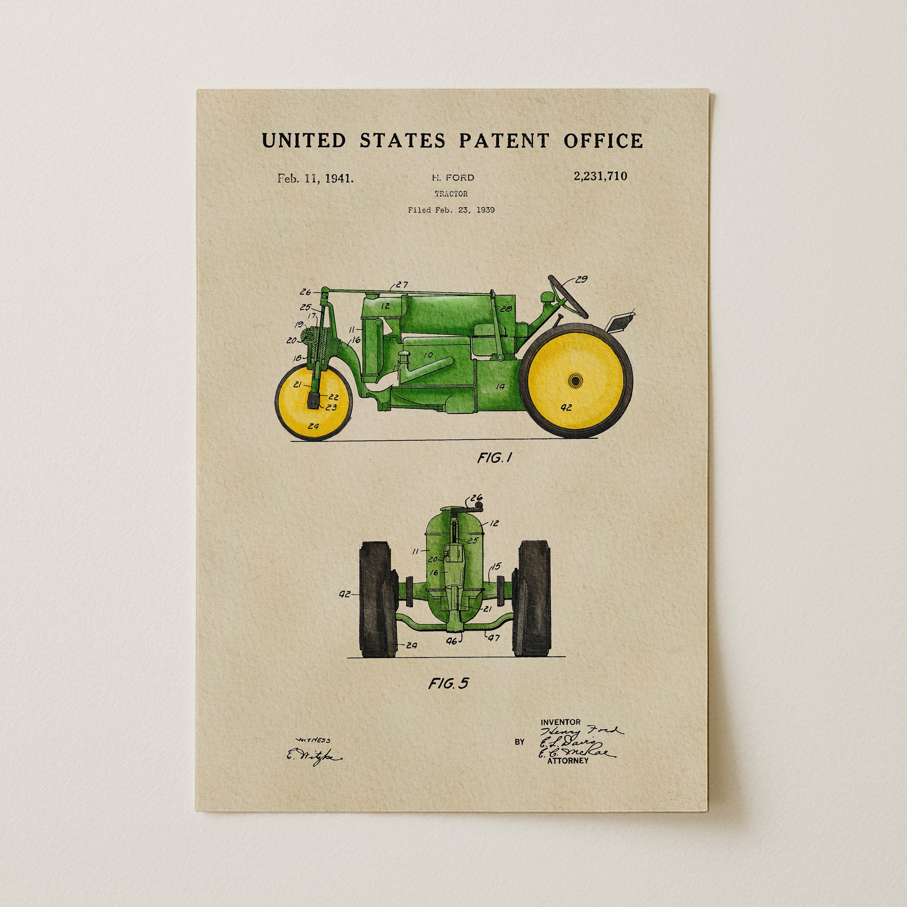 The image is a patent drawing of a tractor, depicting its design and features.