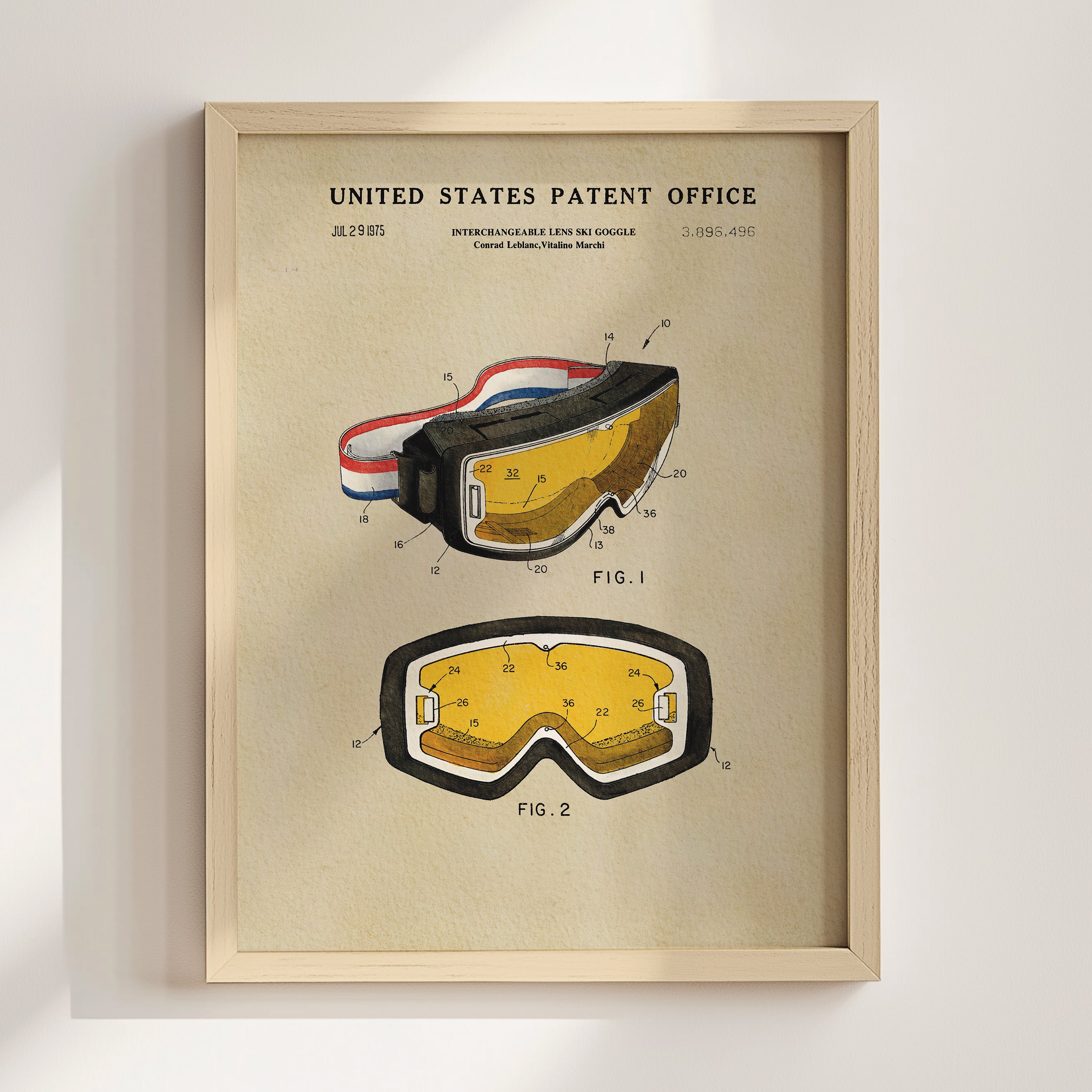 The image is a framed patent drawing of a pair of goggles, depicting the design and features of the goggles.