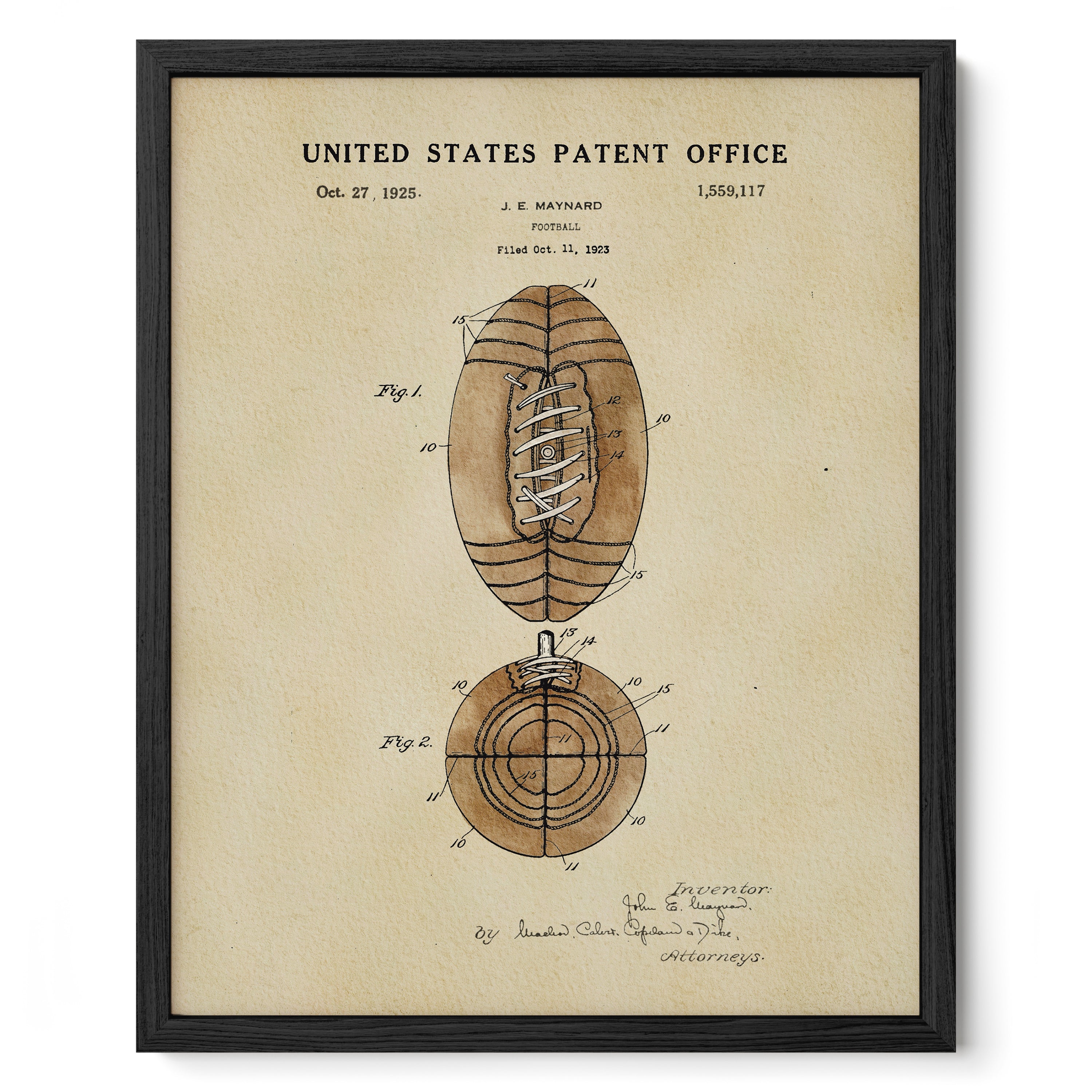 The image is a framed vintage patent drawing of a football, depicting the ball and its laces.