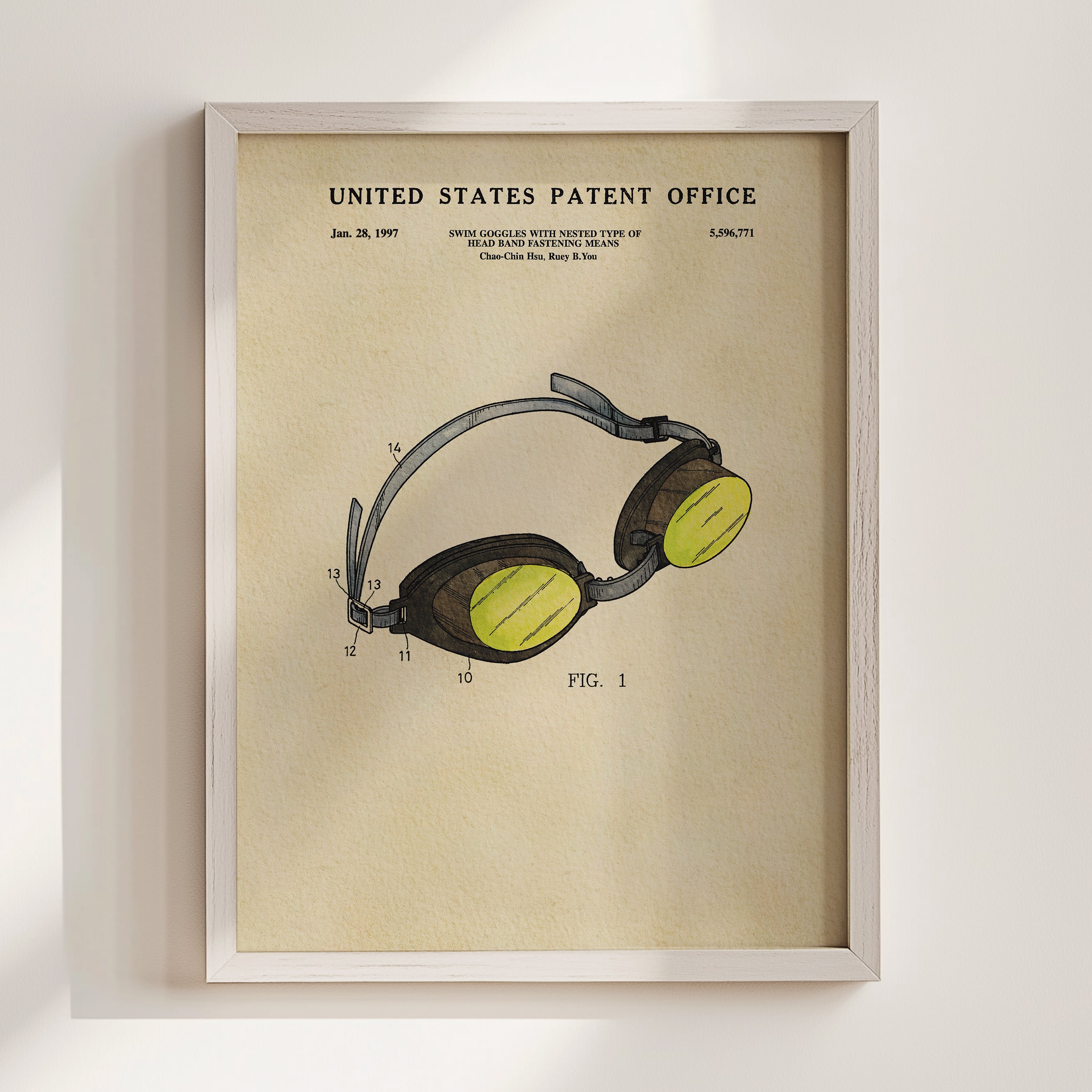 The image is a framed print of a swimming goggles patent from the United States Patent Office, dated January 28, 1997.