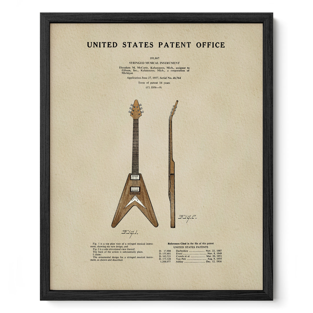 The image is a framed patent office print featuring a detailed illustration of a guitar, along with its patent application and filing information.