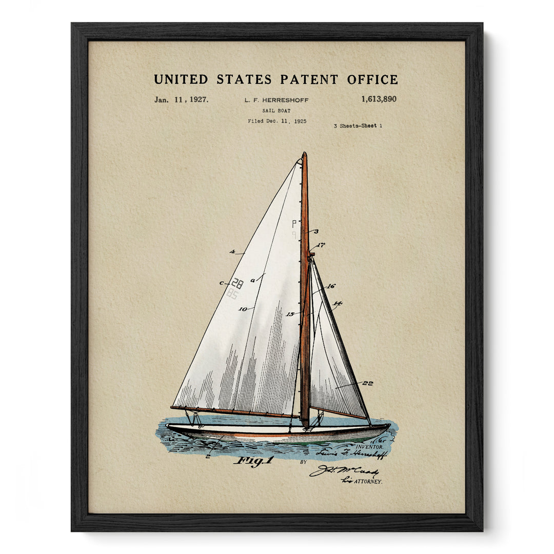 A framed print depicting a detailed illustration of a sailboat with a triangular sail, along with the text "United States Patent Office" and "L. F. HERRENSCHPZ" printed on it.