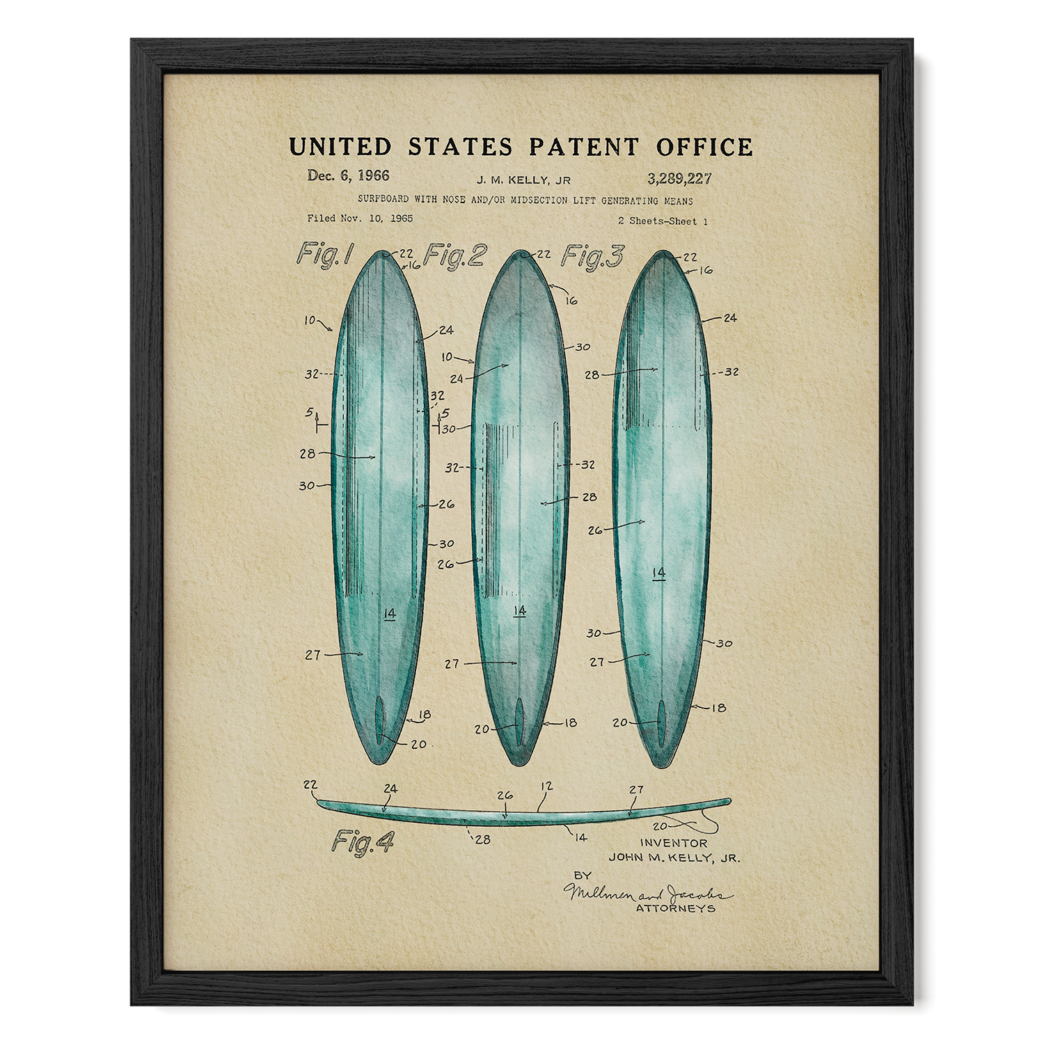 The image is a framed vintage patent drawing of three blue surfboards, depicting their design and features.