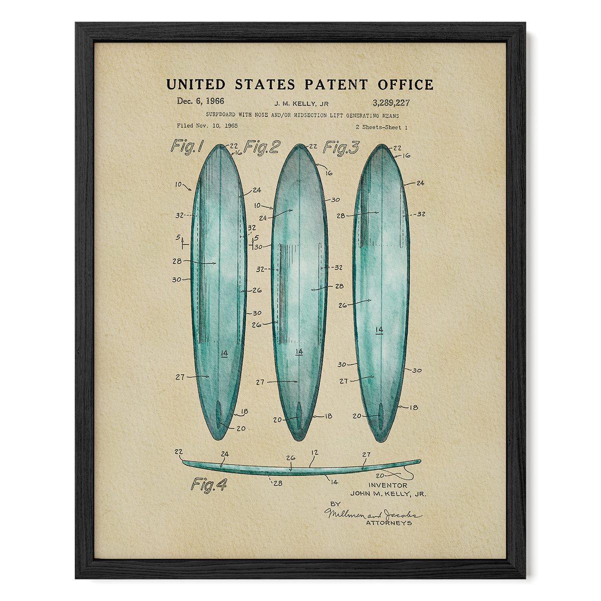 The image is a framed vintage patent drawing of three blue surfboards, depicting their design and features.