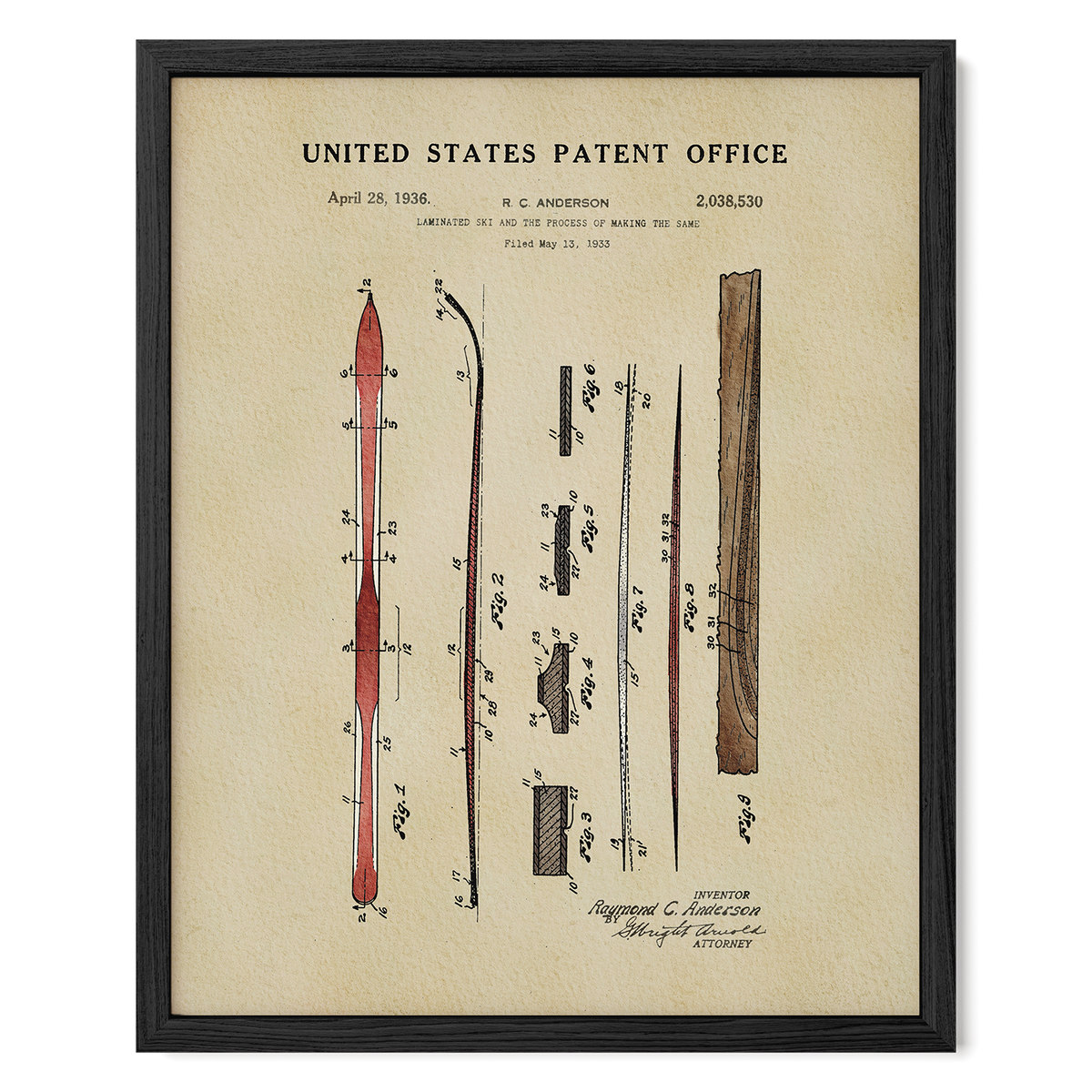The image is a framed patent drawing depicting a ski and its components, including the ski itself and various tools used in the skiing process.