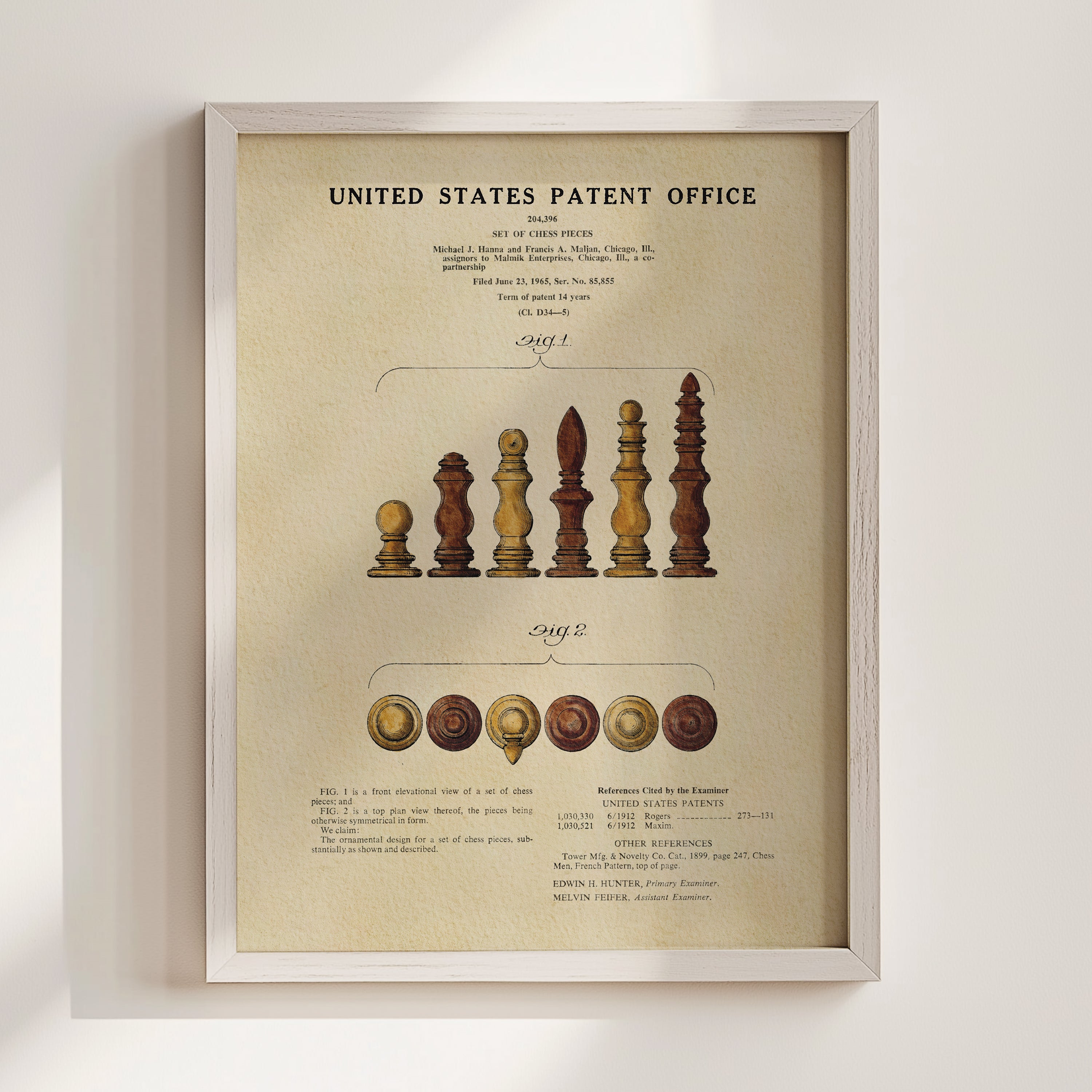 The image is a framed patent application from the United States Patent Office, featuring a detailed diagram and descriptions of a chess piece.