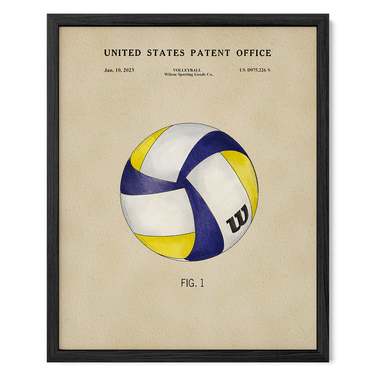 The image is a framed print of a volleyball patent from the United States Patent Office, dated January 10, 1923, and featuring a drawing of a volleyball.