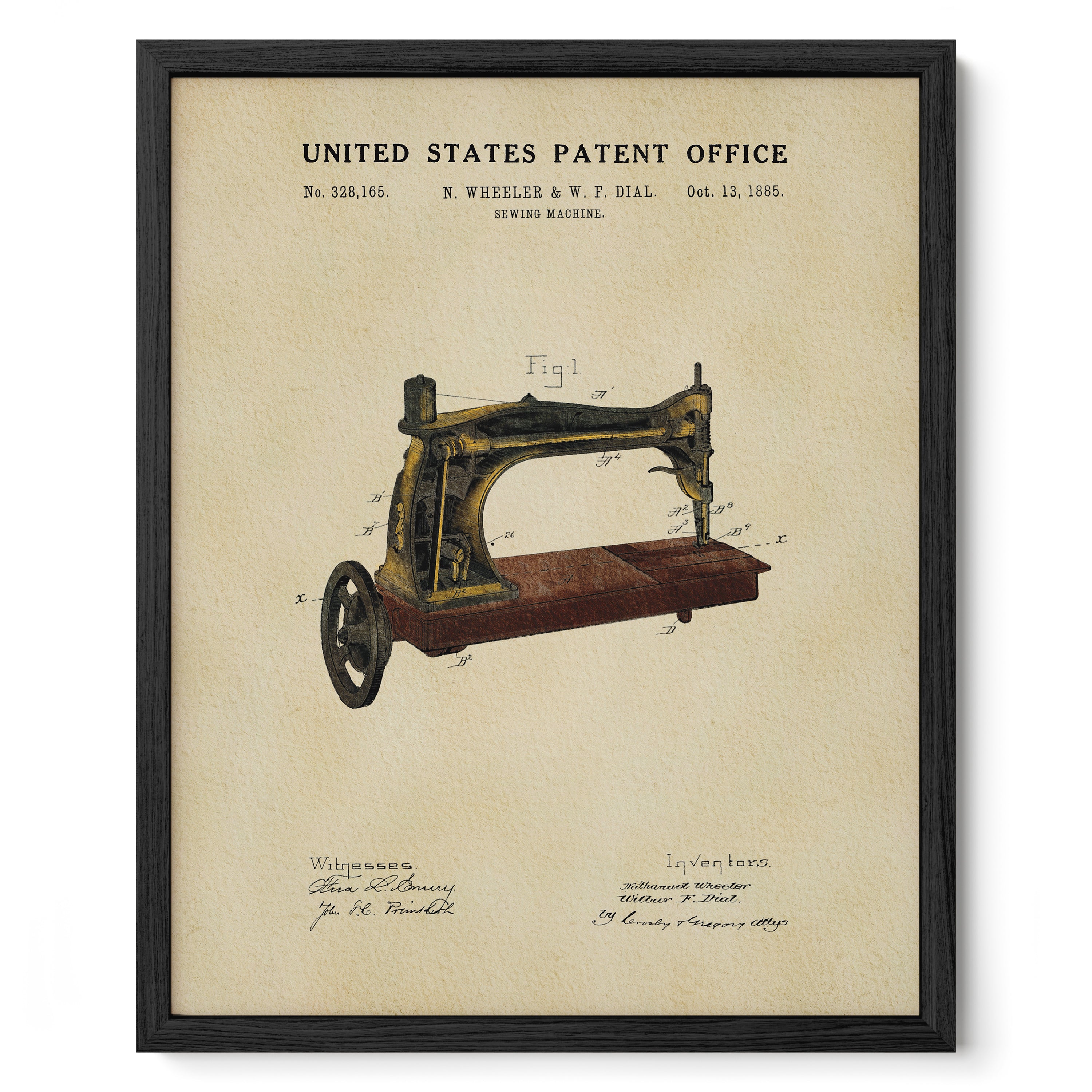 The image is a framed print of a sewing machine patent from the United States Patent Office, dated October 13, 1885.