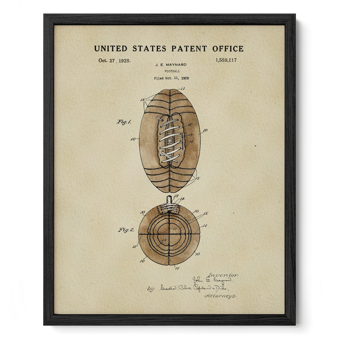 The image is a framed vintage patent drawing of a football, depicting the design and structure of the ball.