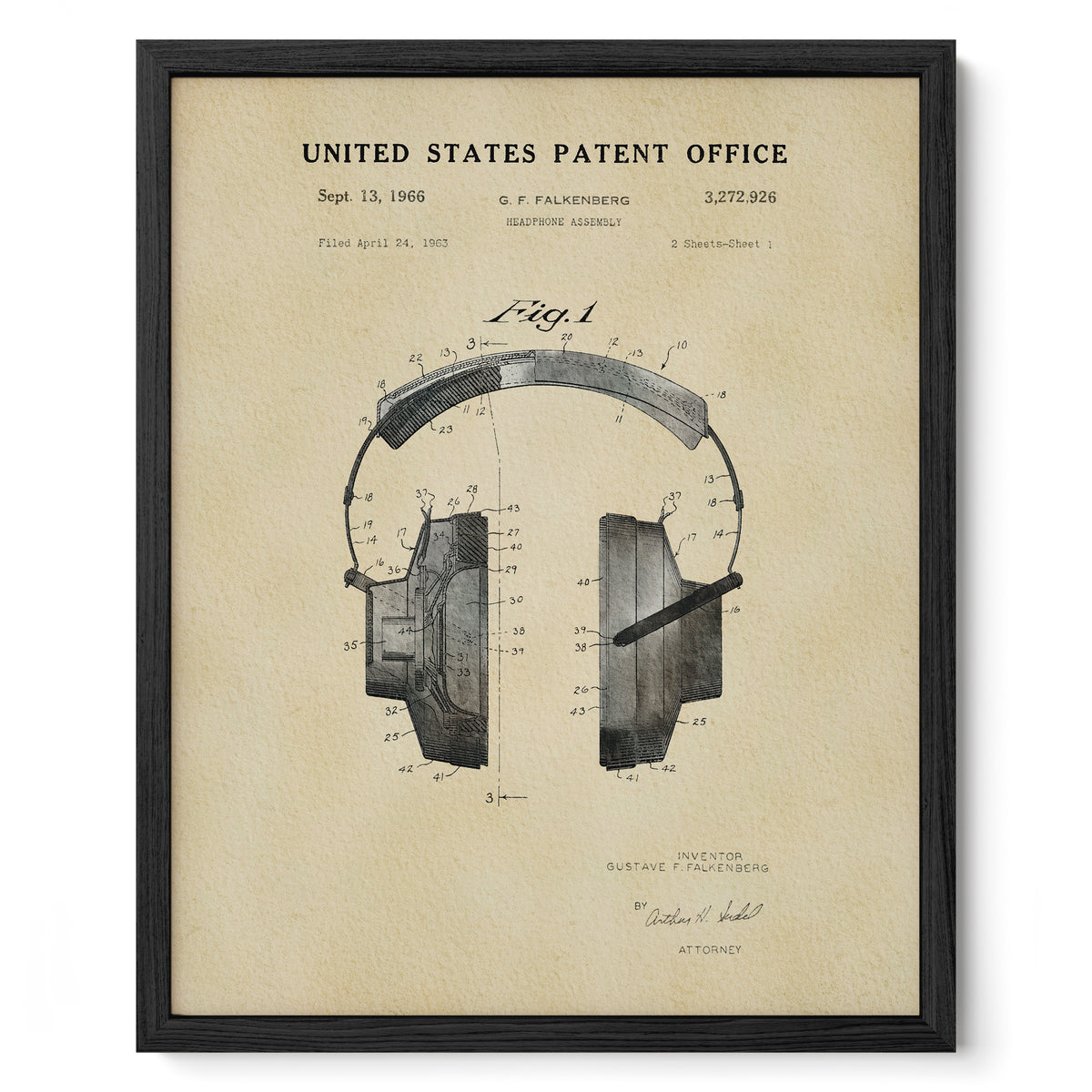 The image is a framed patent drawing of a pair of headphones, depicting the design and features of the headphones.