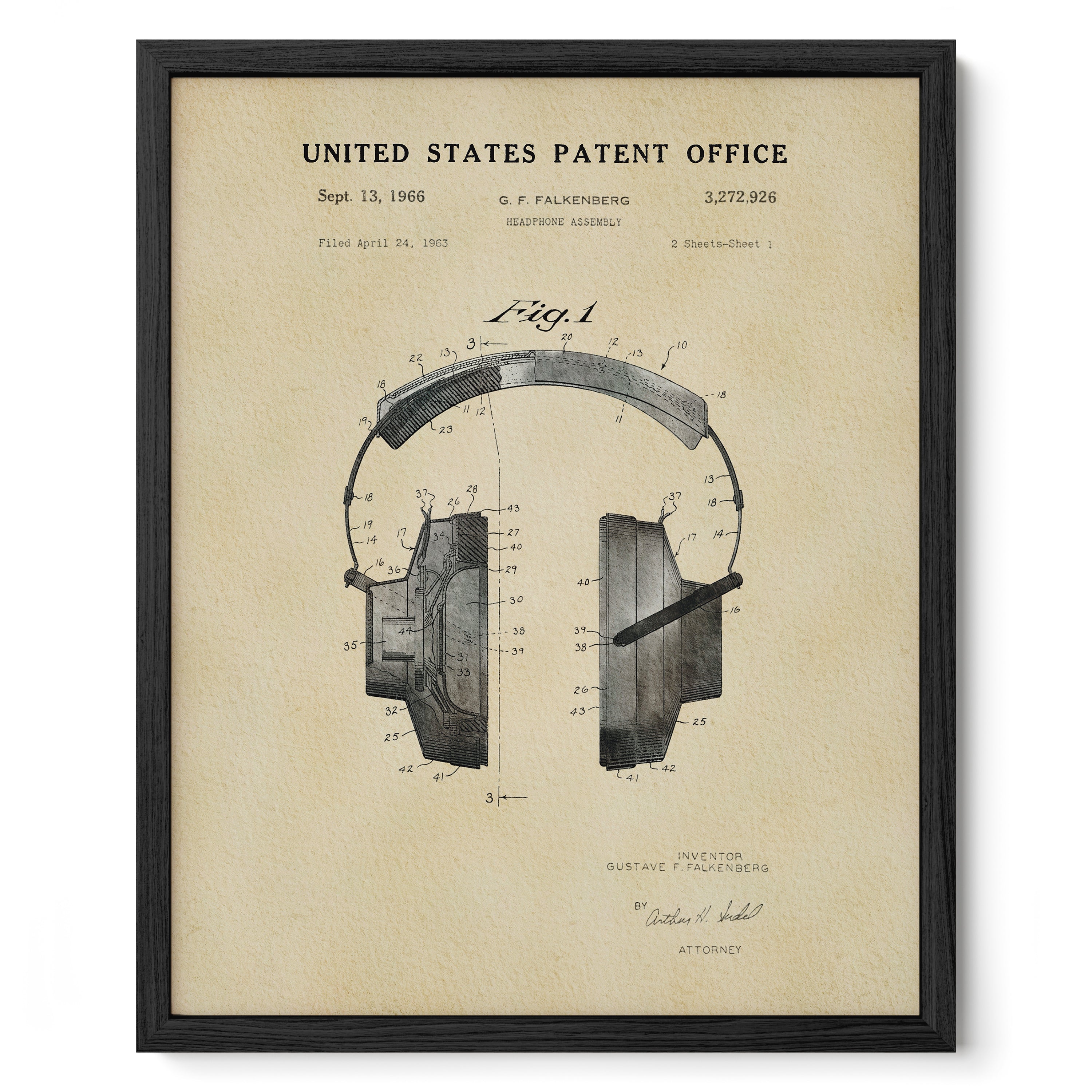The image is a framed patent drawing of a pair of headphones, depicting the design and features of the headphones.