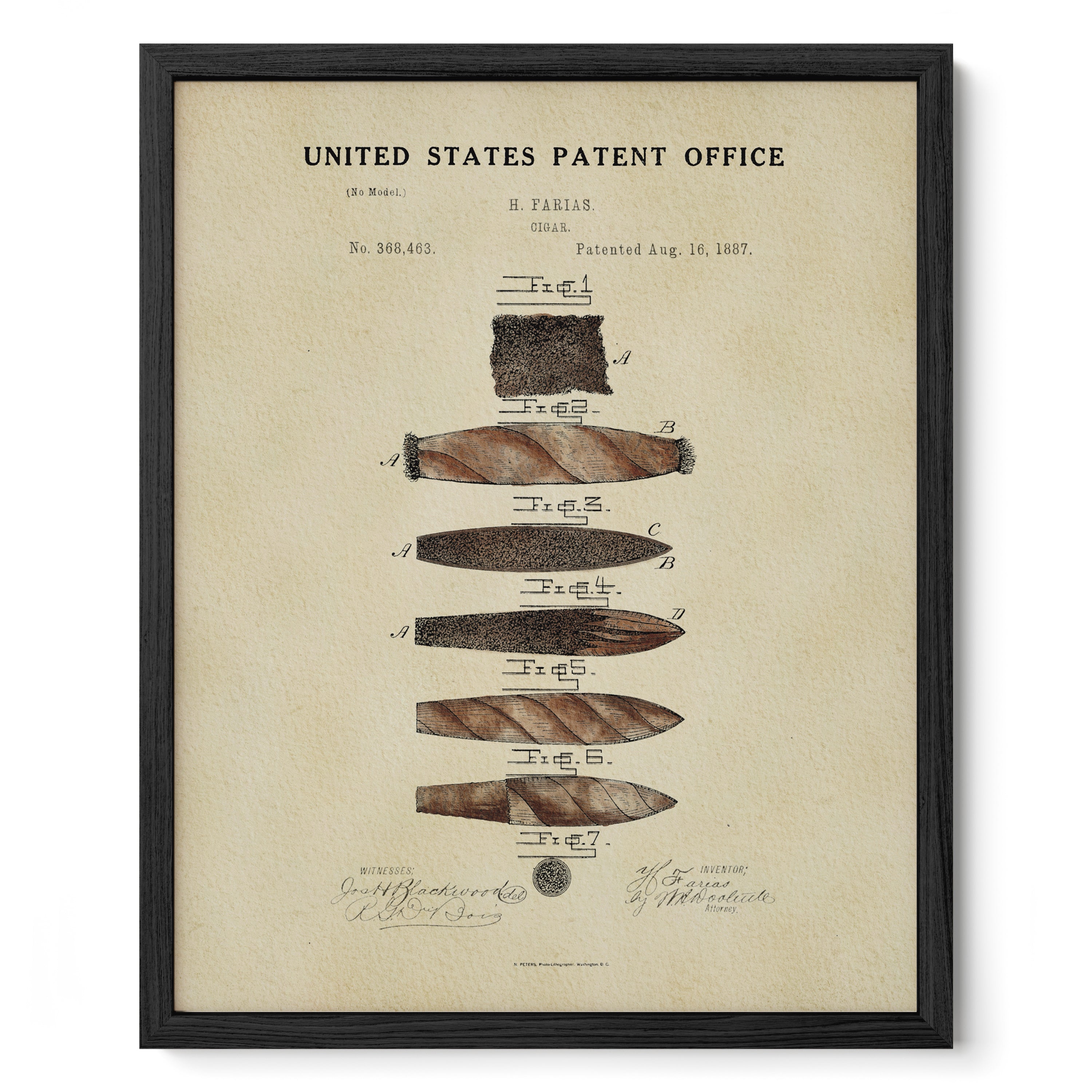 The image is a framed vintage patent drawing depicting various cigar designs, including a cigar, a cigarillo, and a toboggan.