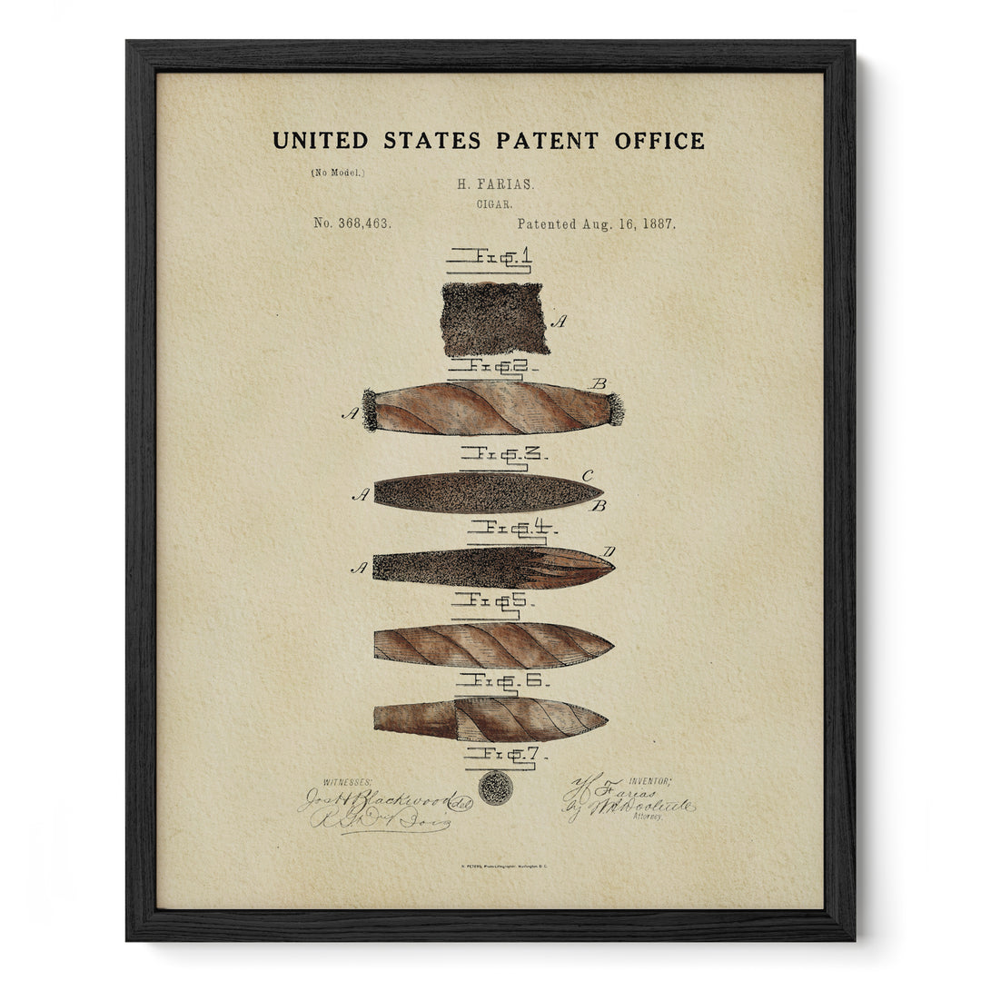 The image is a framed vintage patent drawing depicting various cigar designs, including a cigar, a cigarillo, and a toboggan.