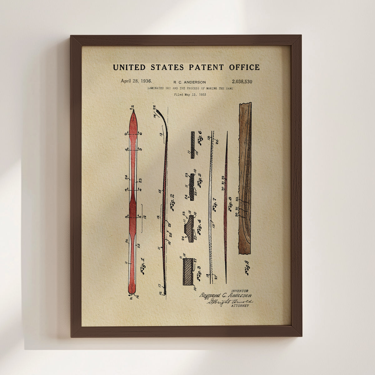 The image is a framed patent drawing depicting a ski or snowboard design, with various technical drawings and labels.
