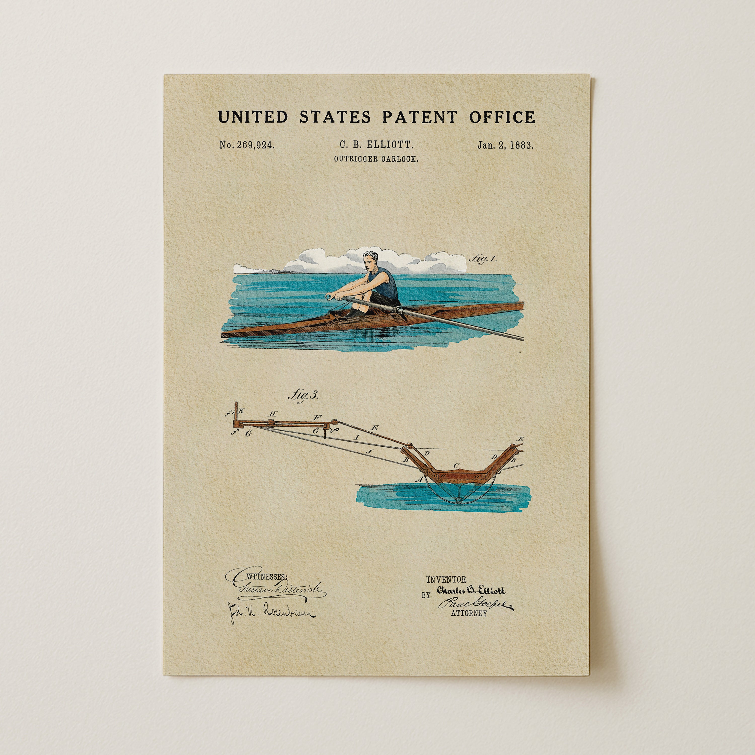 The image is a patent application from the United States Patent Office, dated January 2, 1883, and it features a drawing of a rowing machine with a man rowing in a boat.