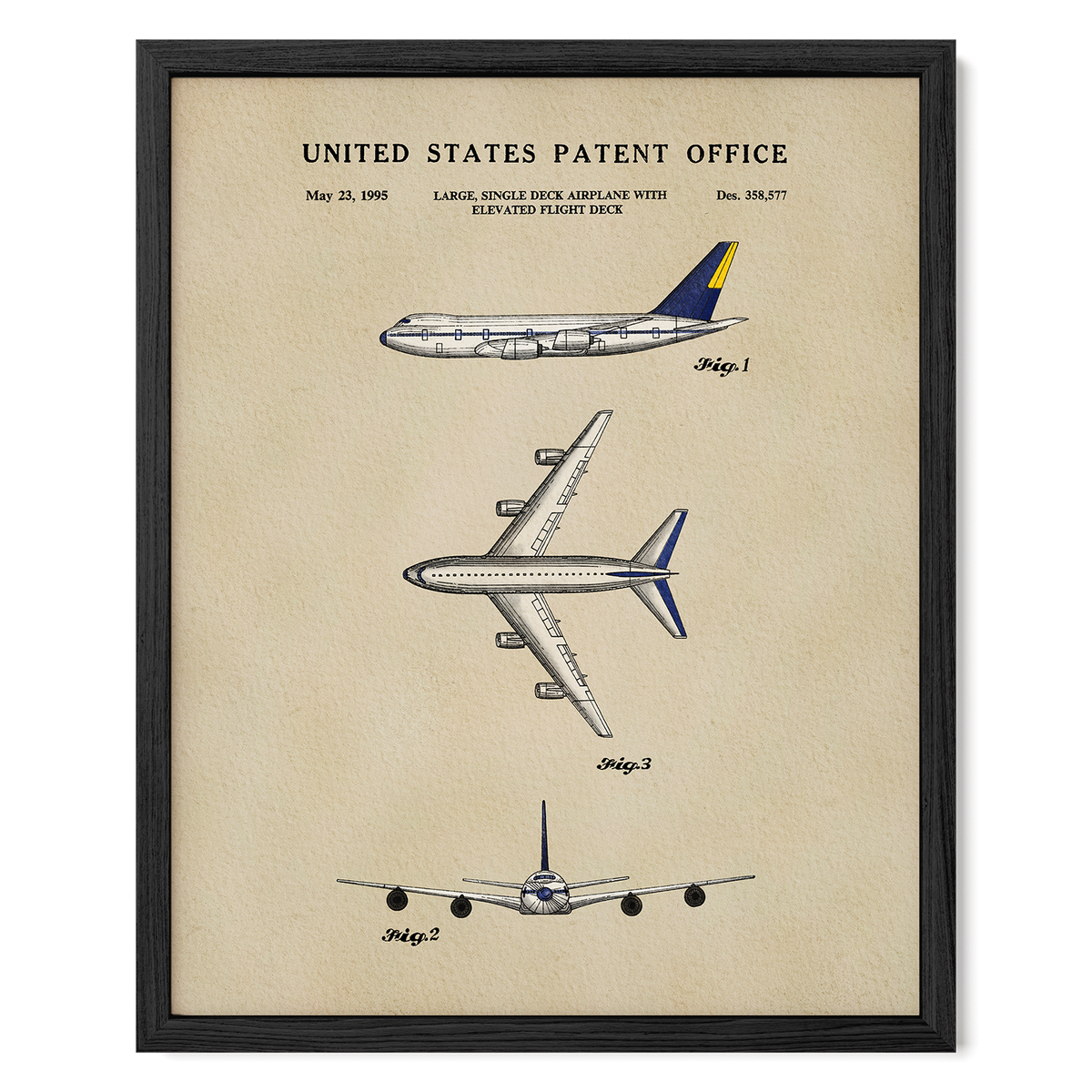 The image is a framed patent drawing depicting three different airplanes, including a large single-deck airplane with an elevated flight deck.