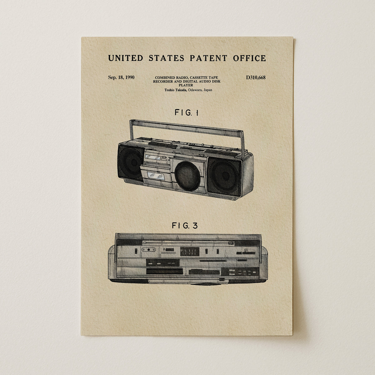 The image is a patent application for a portable stereo system, specifically a boombox, from the United States Patent Office. It features two illustrations of the boombox, one in the front and one in the back, along with the text "United States Patent Office" and "FIG. I" indicating the figure number.