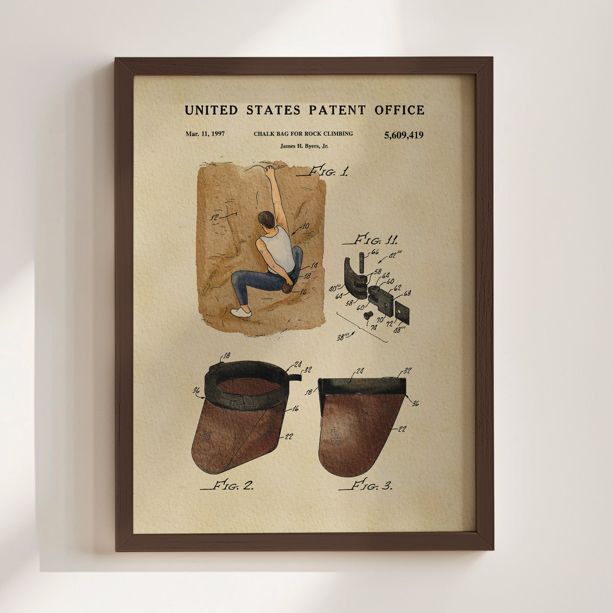 The image is a framed patent drawing depicting a person climbing on a rock face, with detailed technical drawings and annotations.