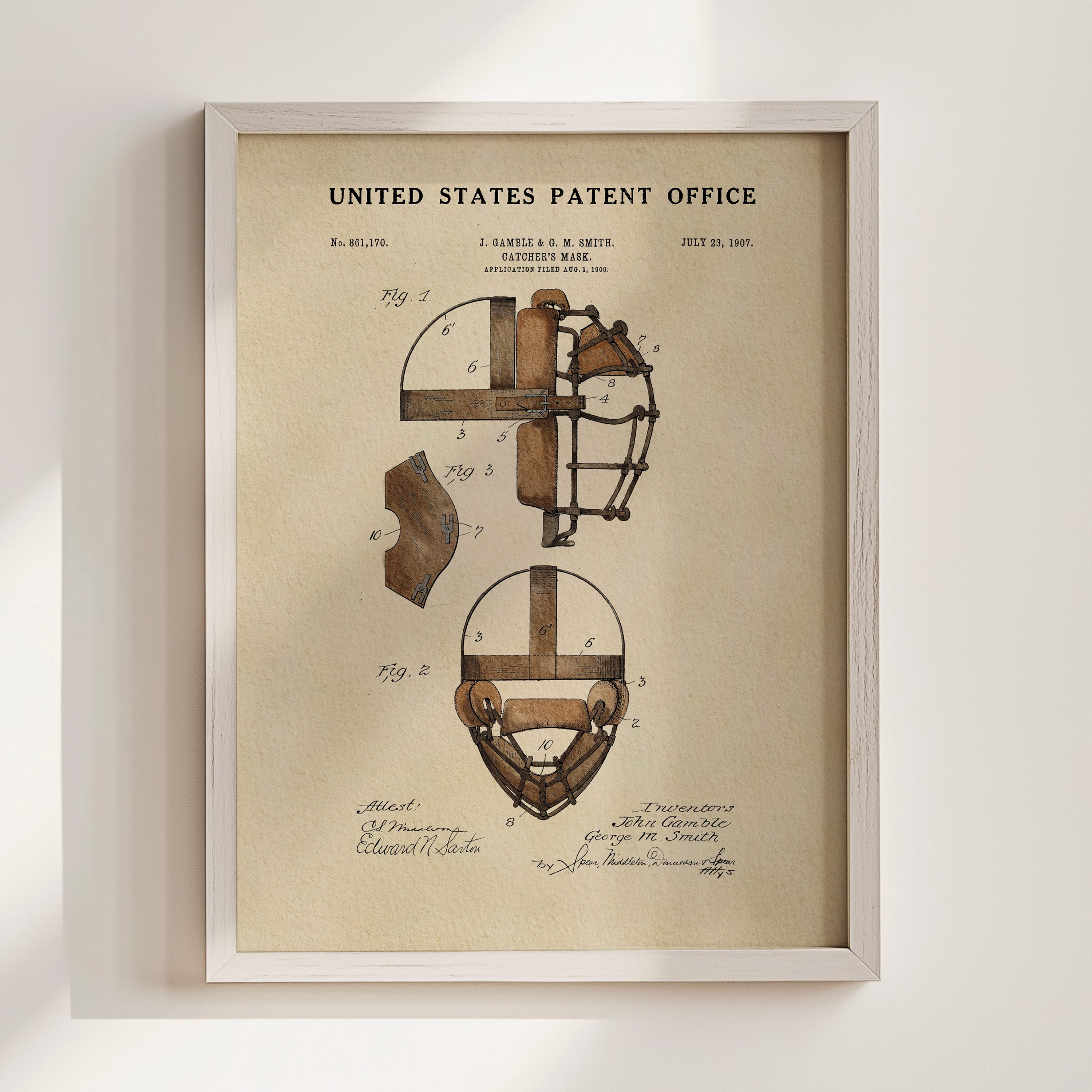 The image is a framed patent drawing depicting a baseball catcher's mask, with detailed technical drawings and annotations.