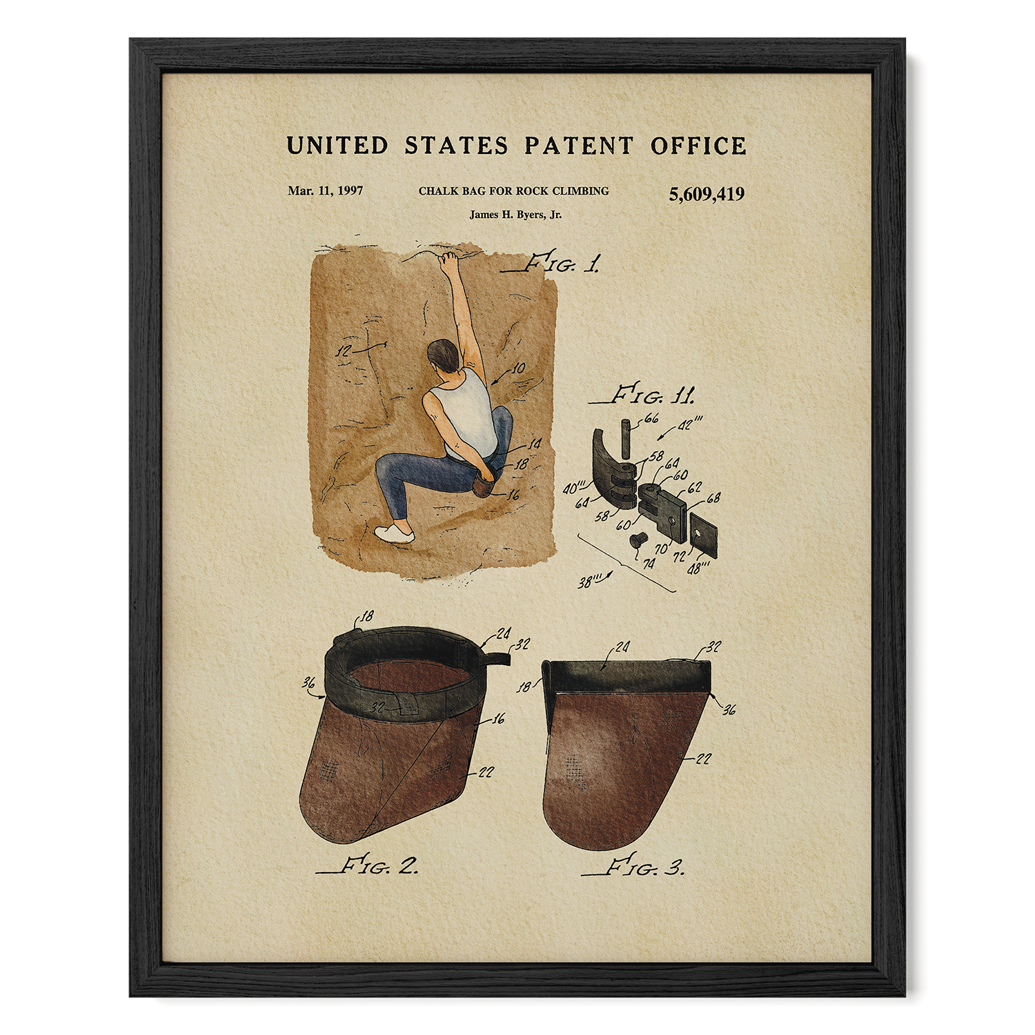 The image is a framed patent drawing depicting a man climbing a rock wall, along with sketches and technical drawings of the climbing equipment.