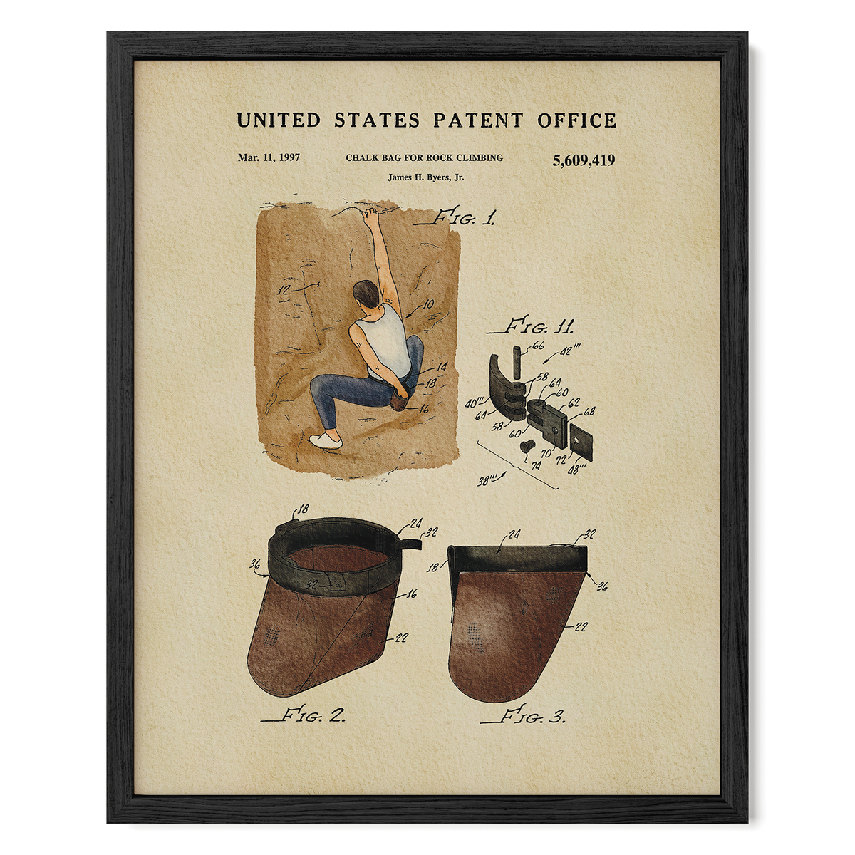 The image is a framed patent drawing depicting a man climbing a rock wall, along with sketches and technical drawings of the climbing equipment.