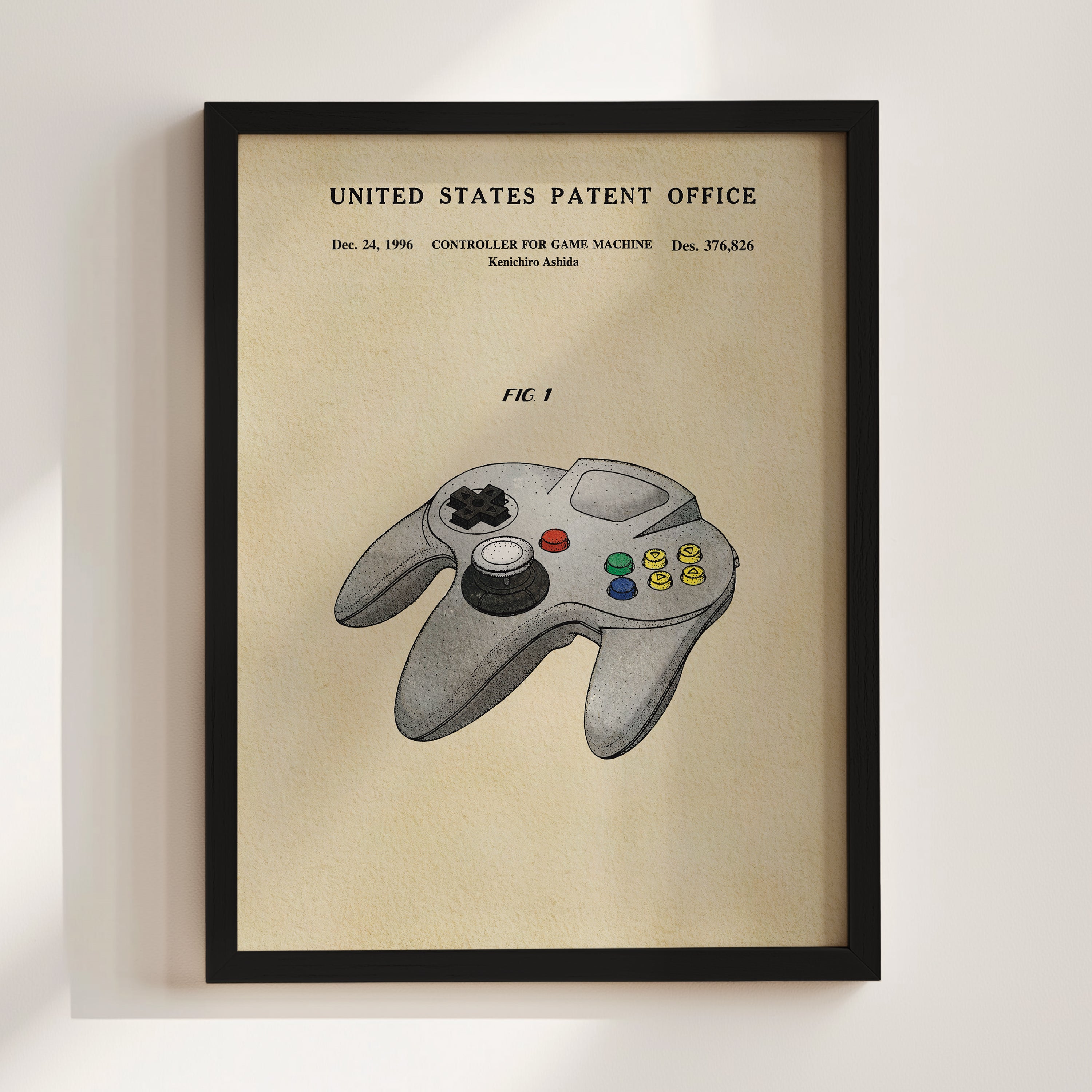 The image is a framed poster or painting depicting a Nintendo 64 controller, which is a classic video game console.